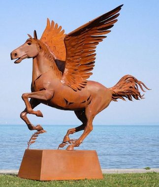 Casa Padrino Skulptur Casa Padrino Luxus Deko Skulptur Pegasus Pferd mit Sockel Rost 288 x 175 x H. 305 cm - Lebensgroße Stahl Skulptur - Riesige Garten Deko Figur - Garten Skulpturen - Metall Skulpturen