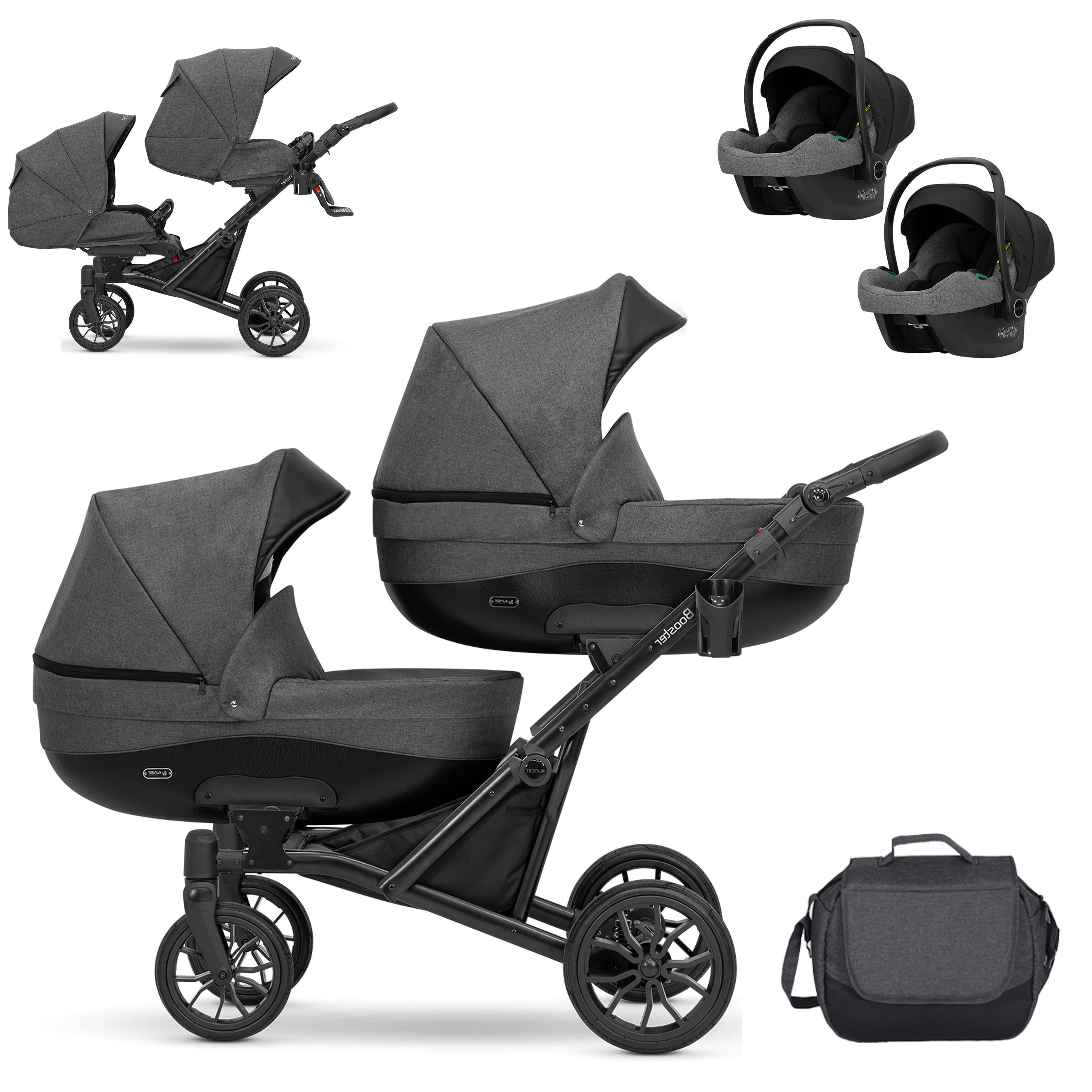 Zwillings-Kombikinderwagen Twin-Go 4 in 1 inkl. Sportsitze, Autositze und Zubehör in 3 Farben