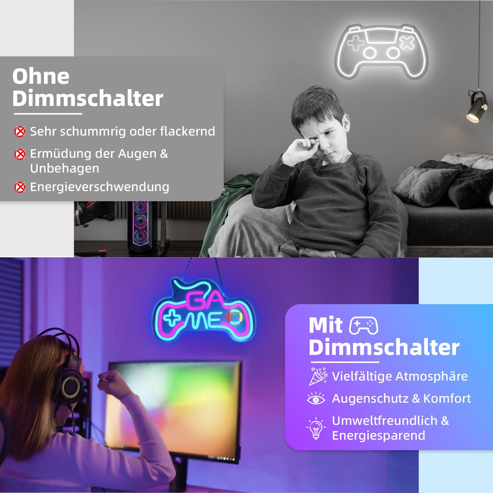 Laybasic Nachtlicht Gamer LED Neonlicht,Dimmer Neon Schild USB Leuchtreklame, 5 Helligkeit 40×25cm für Game Room Bar Wall Party Deko