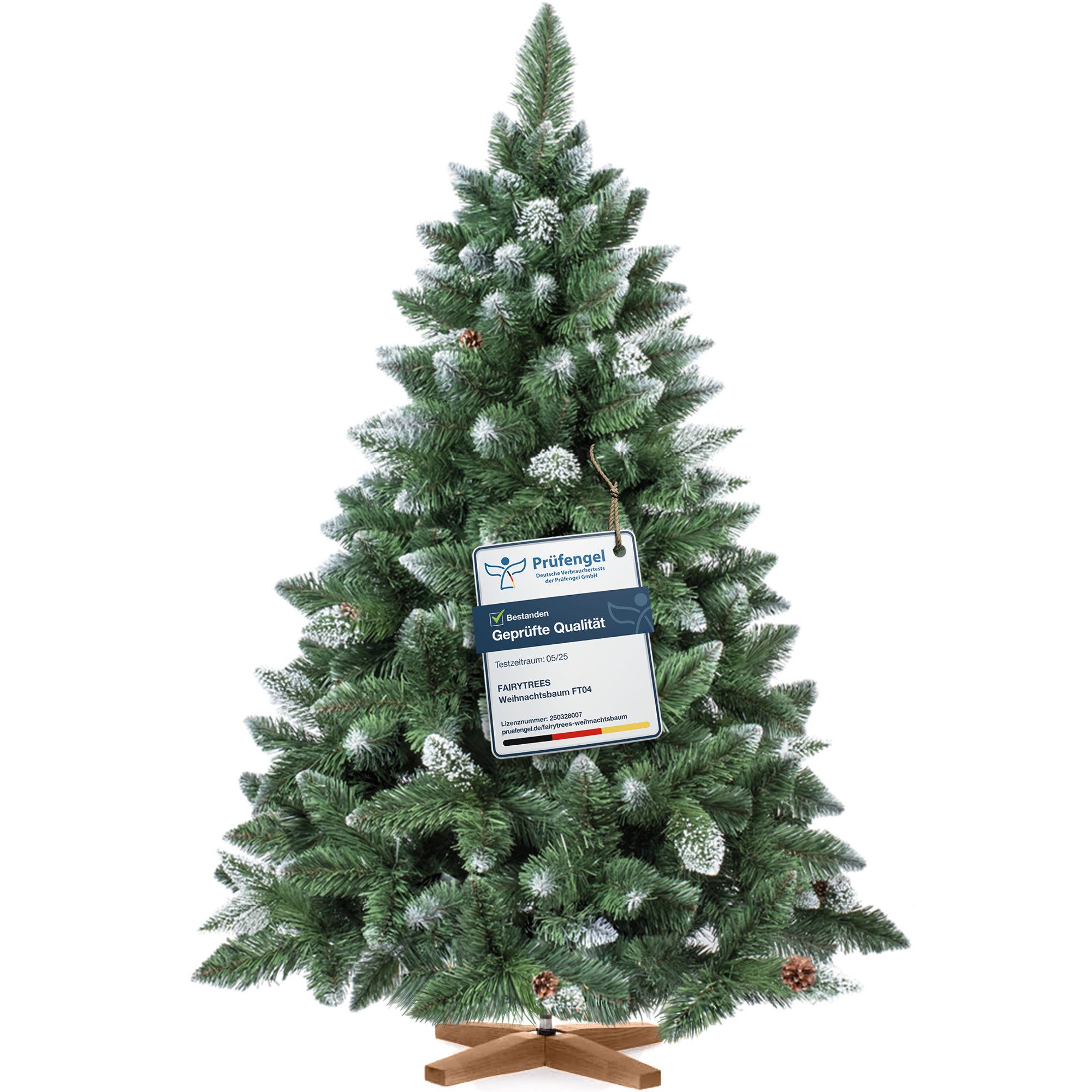 Fairytrees Künstlicher Weihnachtsbaum FT04, Kiefer Natur-Weiss beschneit, mit echten Tannenzapfen und Echtholz Baumständer
