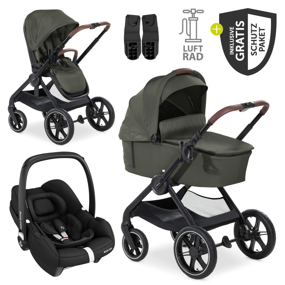 Hauck Kombi-Kinderwagen Walk N Care Air Trio Set - Dark Olive, 3in1 Kinderwagen Set mit Babyschale, Babywanne, Sportsitz & Zubehör