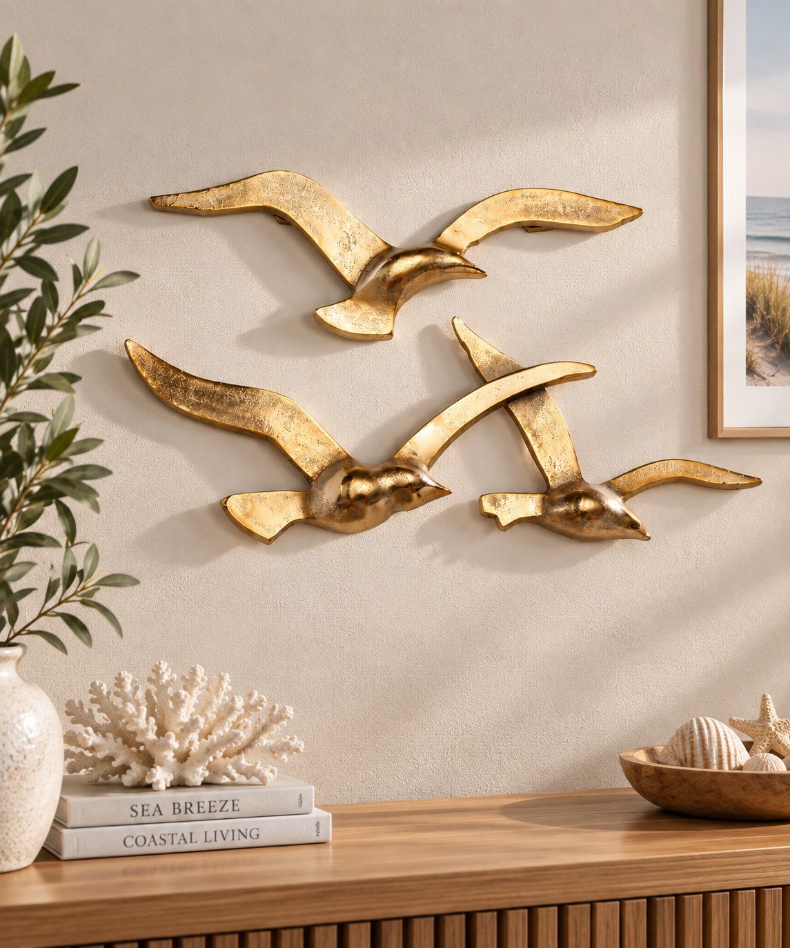 MF Wanddekoobjekt Goldene Möwen Wanddeko Set, Maritimer Metall-Wandschmuck, 2-teilig
