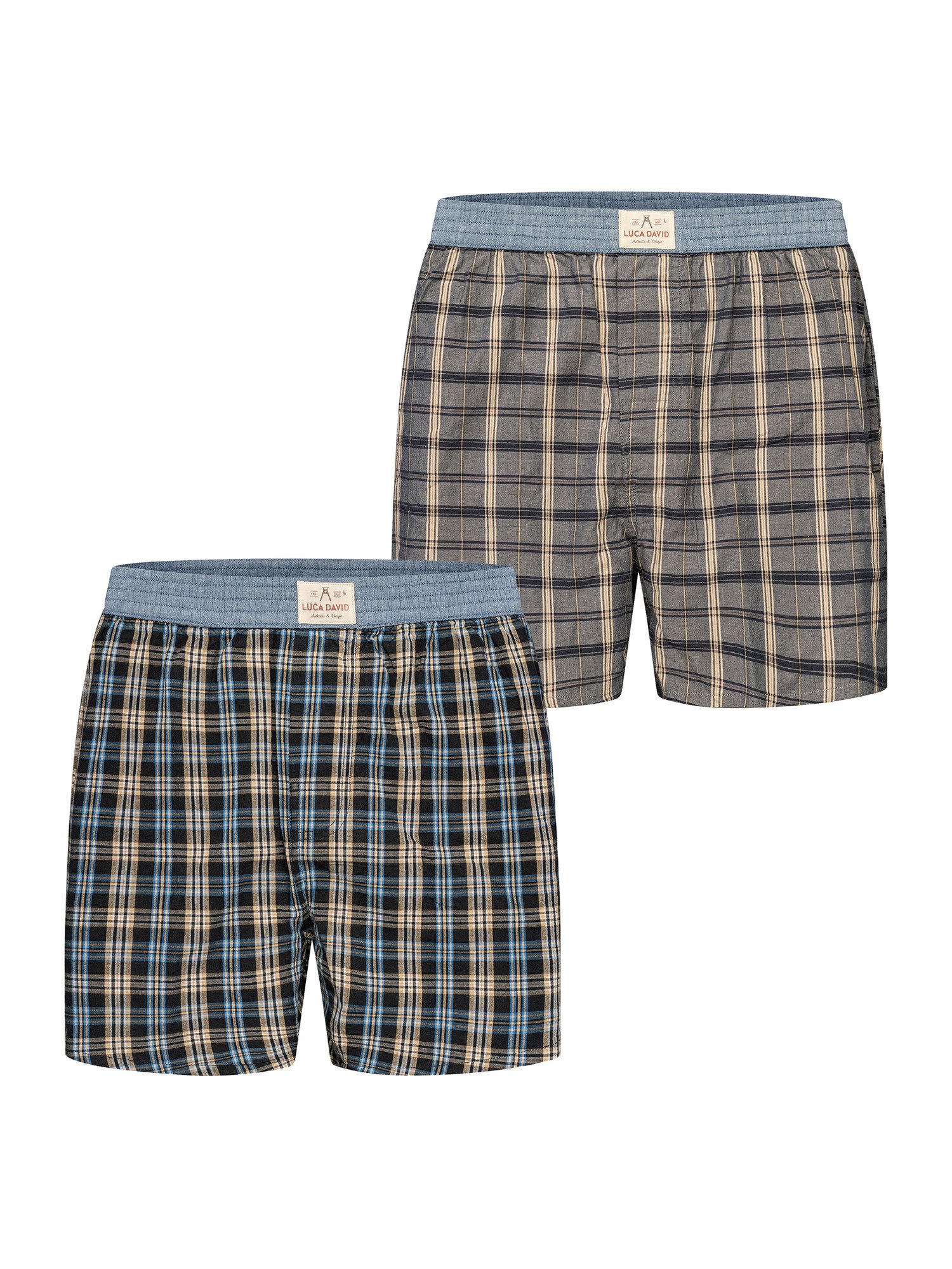 Luca David Boxer Karos - 100% Baumwolle - elastischer Bund - weiter und lockere Schnitt (2-St) Doppelpack 2-Pack Mehrpack Boxershorts Unterhose American Boxer-Shorts