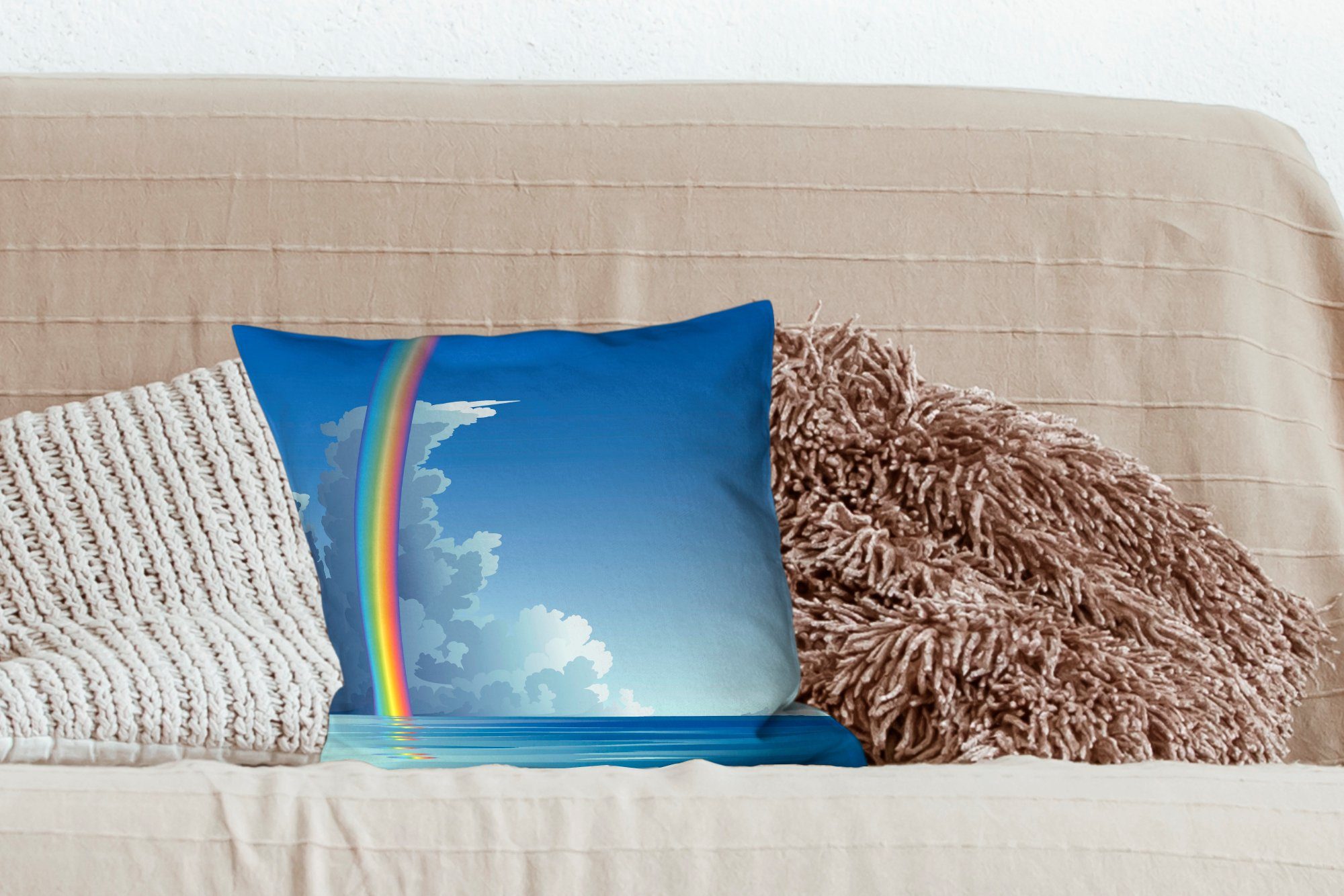 MuchoWow Dekokissen Eine Illustration eines Sofakissen dem Meer, mit für Regenbogens über Füllung Zierkissen Deko, Wohzimmer, Schlafzimmer