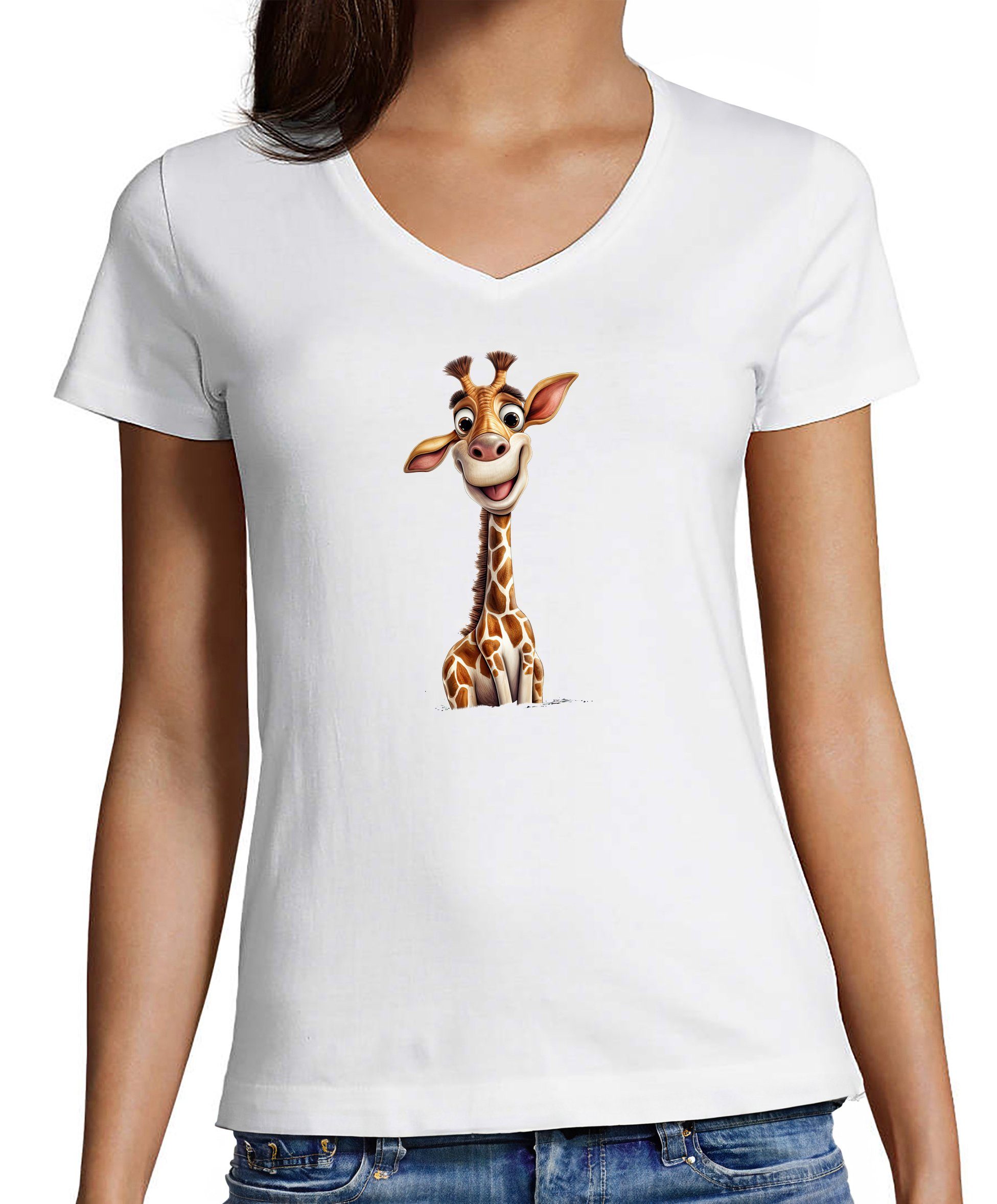 MyDesign24 T-Shirt Damen Wildtier Print Shirt - Baby Giraffe V-Ausschnitt Baumwollshirt mit Aufdruck Slim Fit, i273 weiss