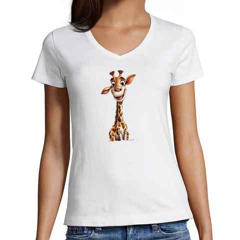 MyDesign24 T-Shirt Damen Wildtier Print Shirt - Baby Giraffe V-Ausschnitt Baumwollshirt mit Aufdruck Slim Fit, i273