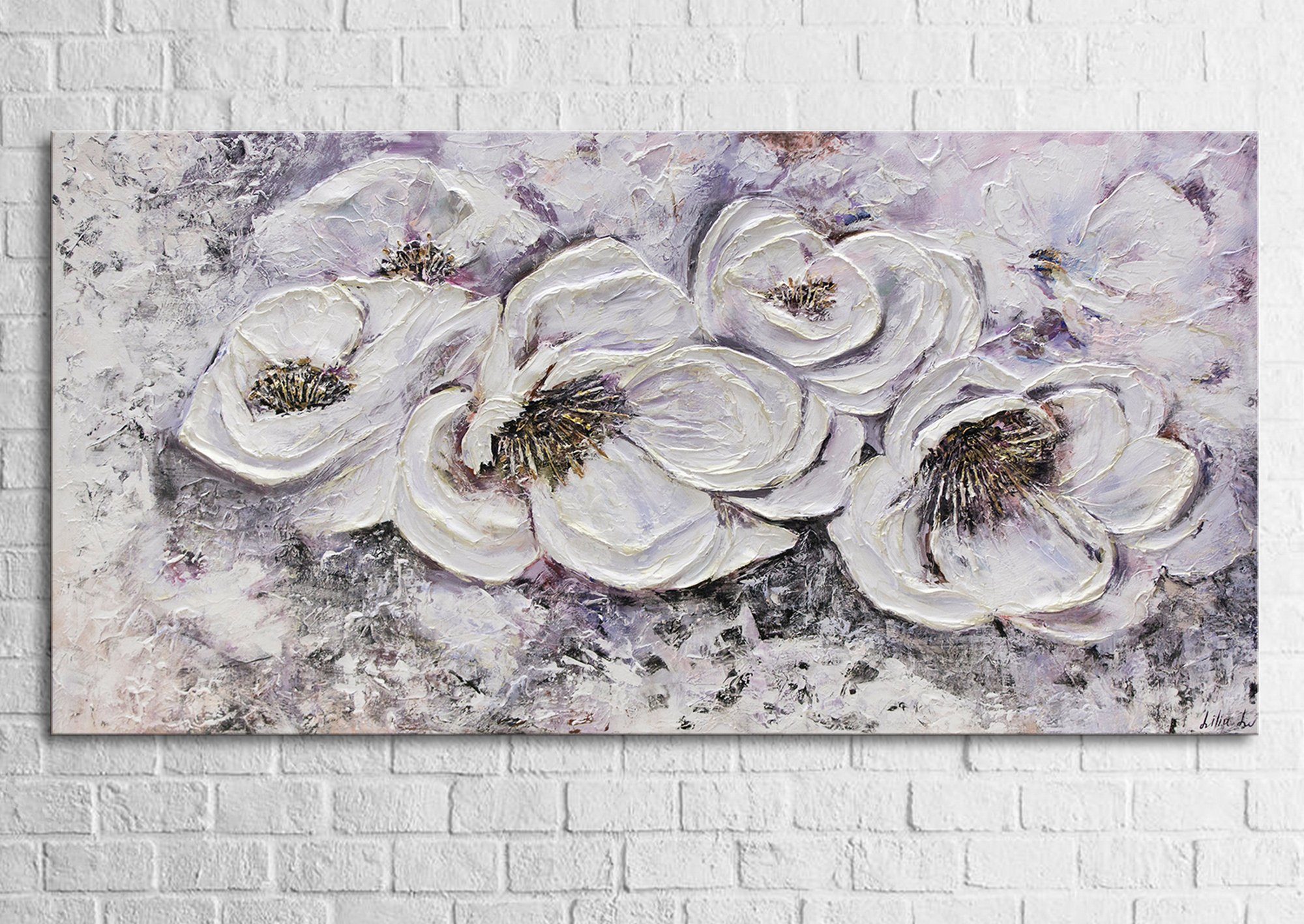 auf Lieblingsblumen, Bild Weiß Gold Beige Blumen, Gemälde YS-Art Lil Blumen Handgemalt Leinwand