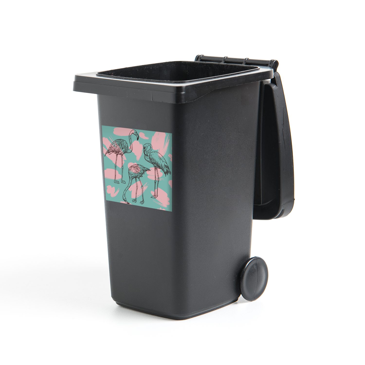 blauen Abfalbehälter (1 Container, Wandsticker St), Sticker, Illustration einem MuchoWow vor Flamingos Mülleimer-aufkleber, Hintergrund von Eine Mülltonne, in