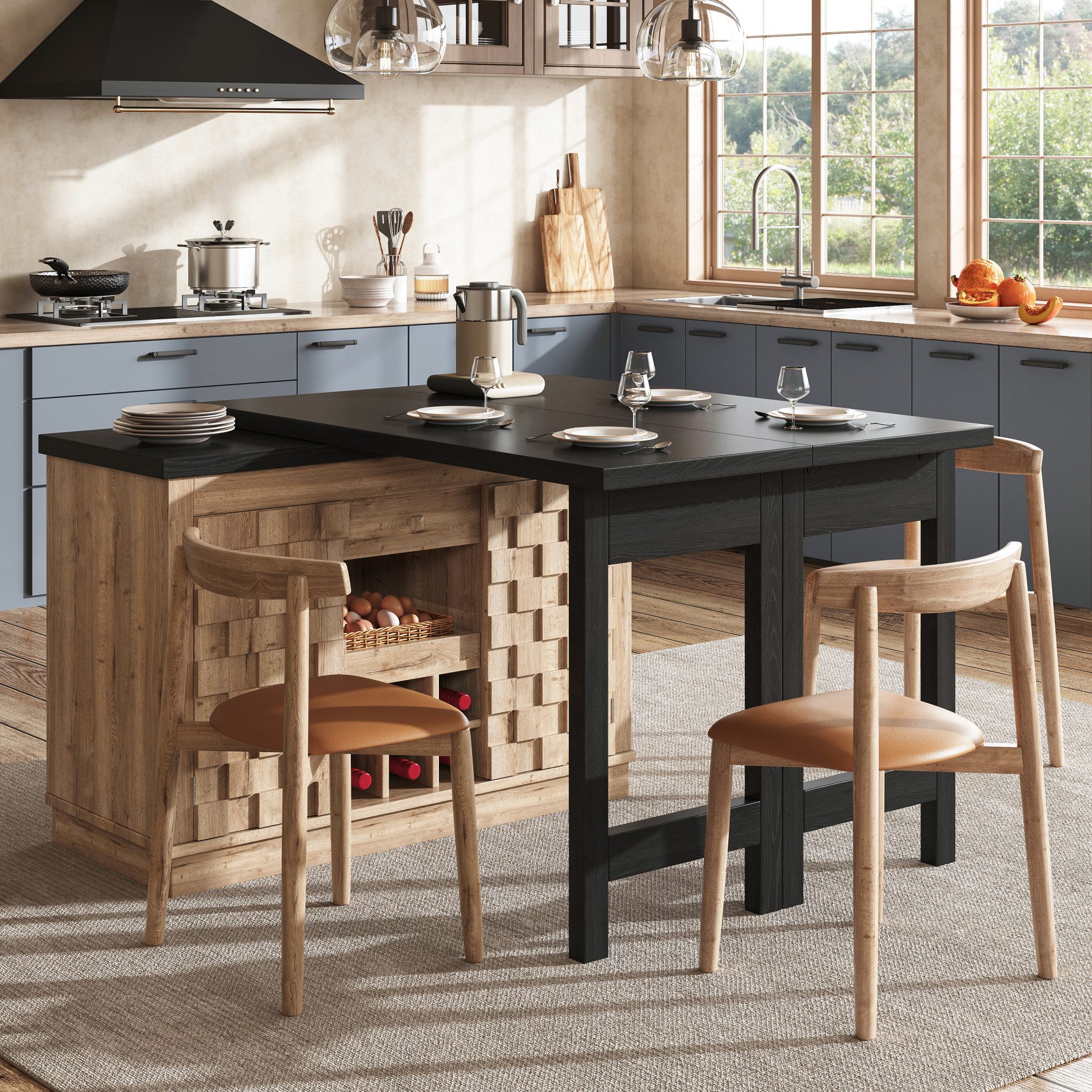 OKWISH Kücheninsel Küchenschrank 360° drehbar 120–197cm mit Schubladen, (Aufbewahrungsschrank mit flexiblem Stauraum für Küche Zuhause), Küchenbuffet mit Patchwork Türen und herausnehmbarem Weinregal