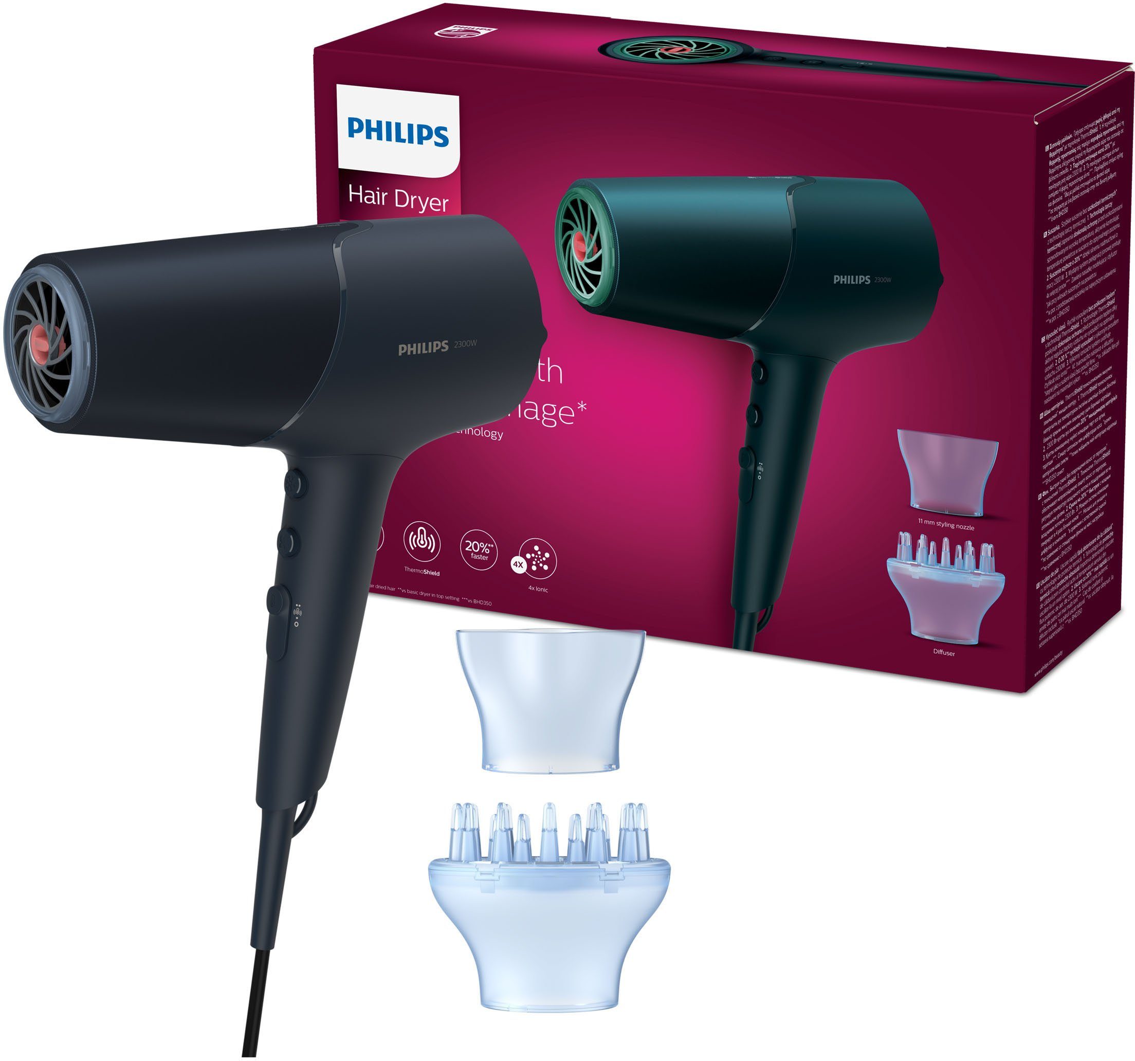 BHD512/00, 2300 Haartrockner Hitze-und für Series 5000 Technologie, 2300 Watt Philips 2 Professionelle W, schnelleres ThermoShield 20% Trocknen mit Geschwindigkeitsstuffen, Leistung 3 von