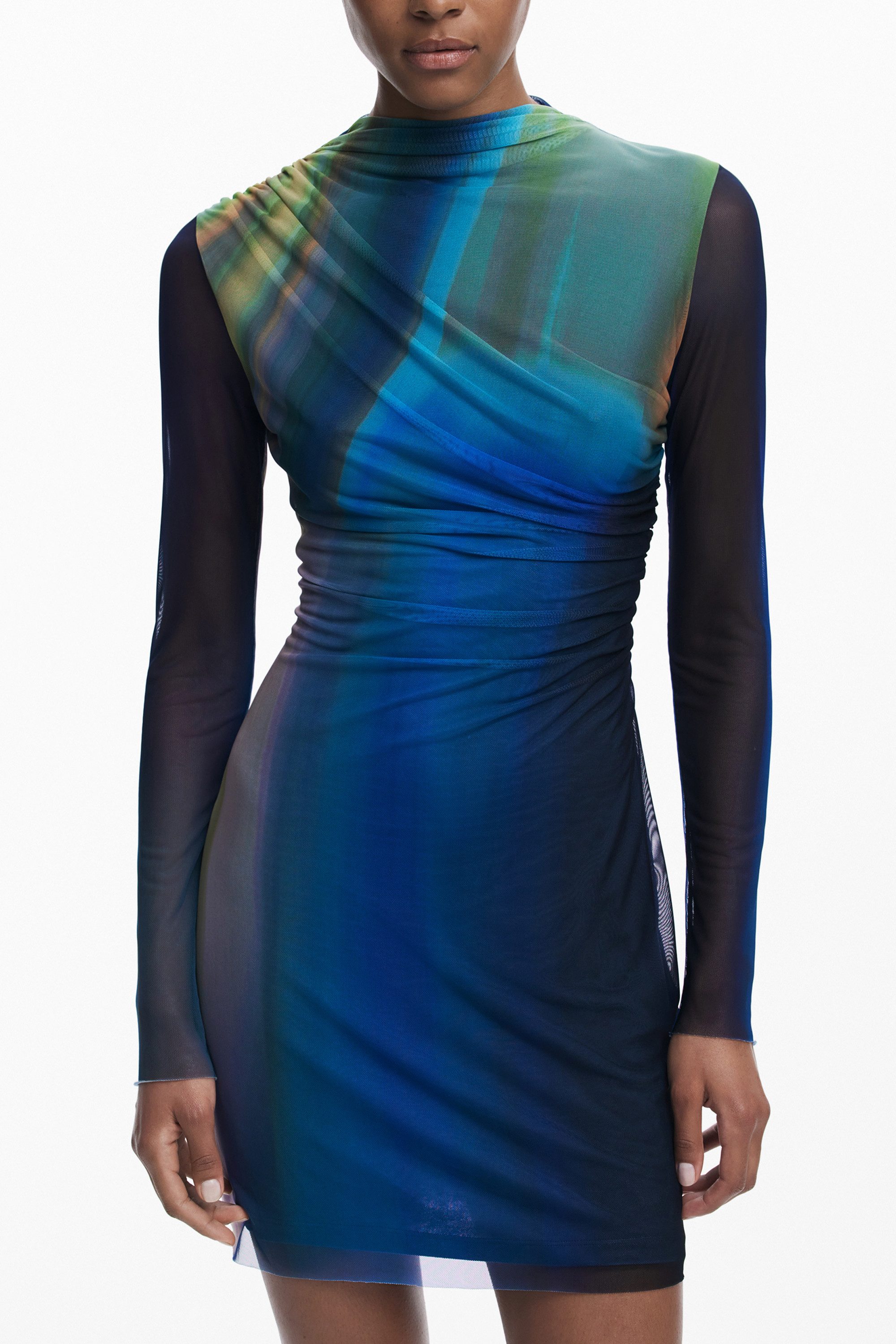 Desigual Partykleid Fröhliches Damenkleid in Blau: Kurz, mehrfarbig, langärmelig