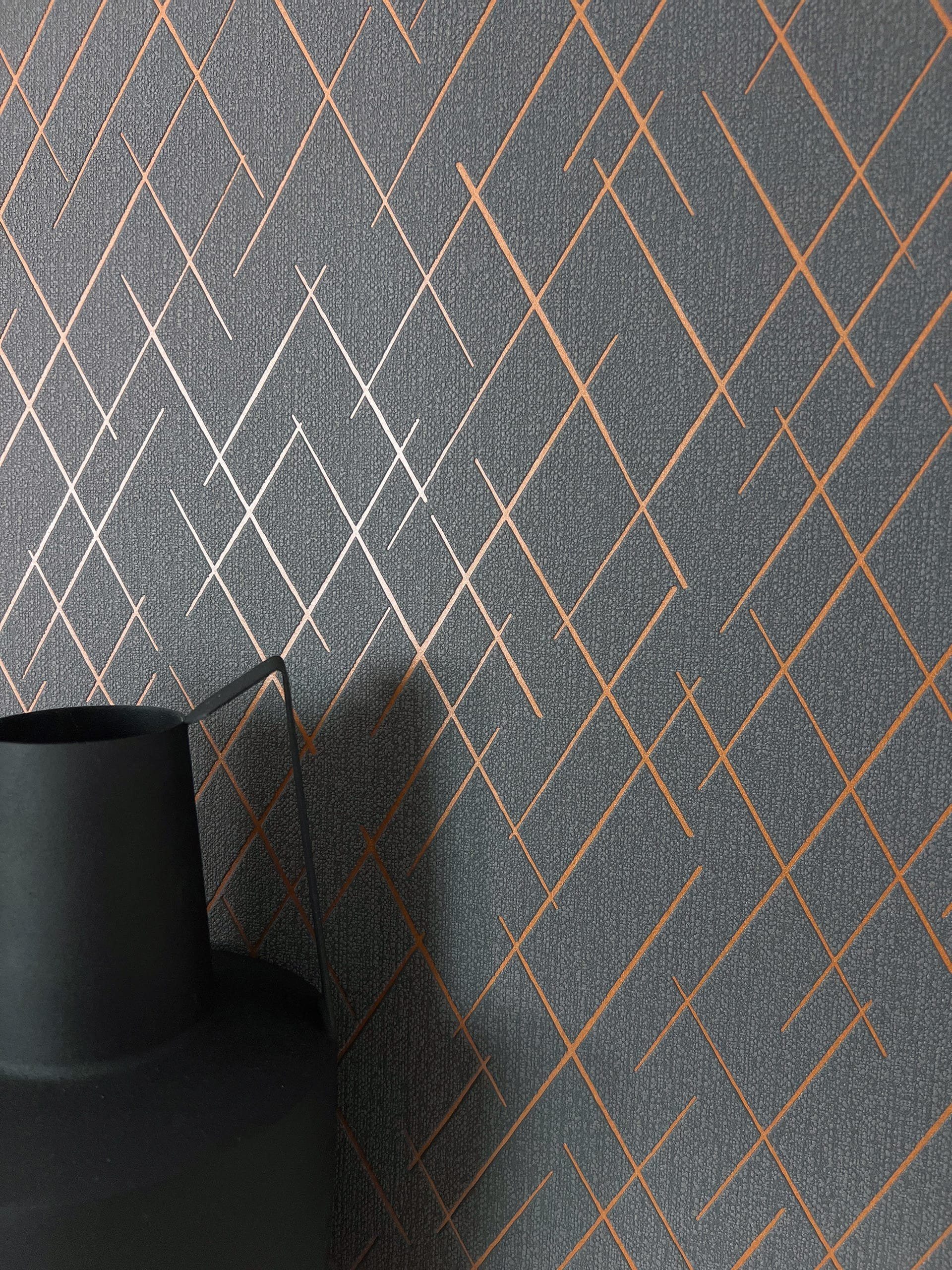 Newroom Vliestapete, Anthrazit Tapete Modern Linien - Retro Grafik-Tapete Kupfer Orange Grafisch Geometrisch Striche Leicht glänzend für Wohnzimmer Schlafzimmer Küche, Mustertapete, Retro