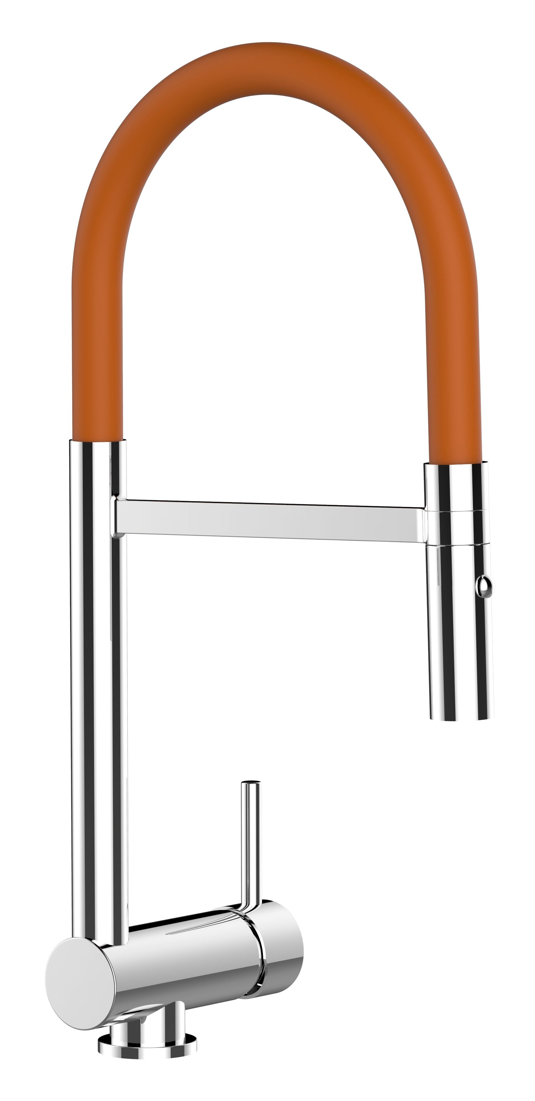 VIZIO Küchenarmatur Unterfenster Armatur 6 cm mit abnehmbarer 2 strahl Brause Hochdruck, Messing verchromt, abgeschwenkt nur 60mm hoch, Sicherungstaste gegen unbeabsichtigtes Abkippen Orange