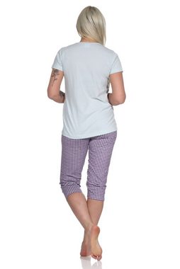 Normann Pyjama Damen Capri Pyjama, Schlafanzug mit Schriftzug und Karo-Hose