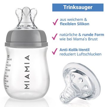 MiaMia Babyflasche PP-Flasche - Grau, 4er Pack Babyflasche 140 ml & 260ml + Silikon-Trinksauger Größe S