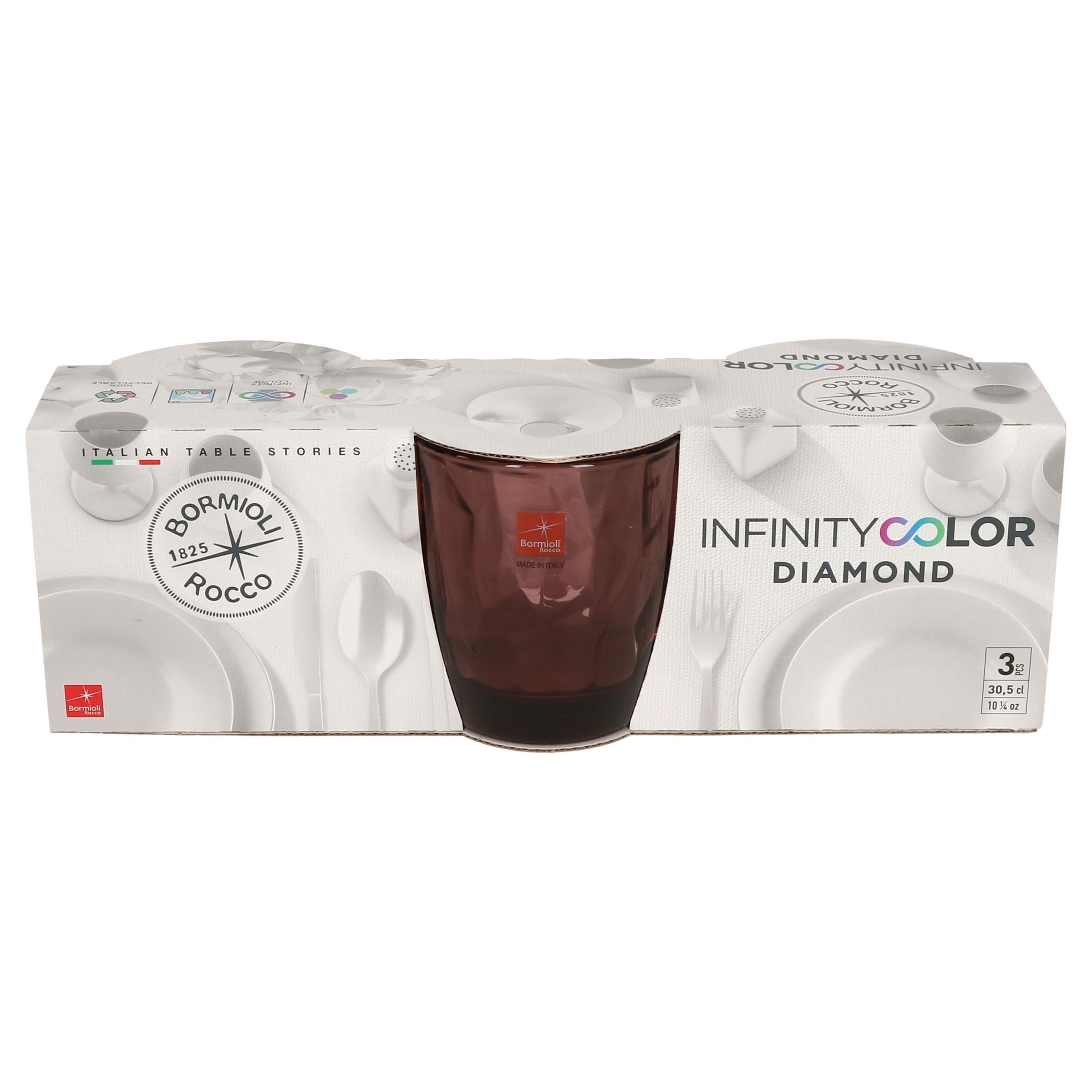 Bormioli Rocco Whiskyglas 3er Set Diamond Whiskyglas Rock Purple 305ml Tumbler Cocktail lila, Glas