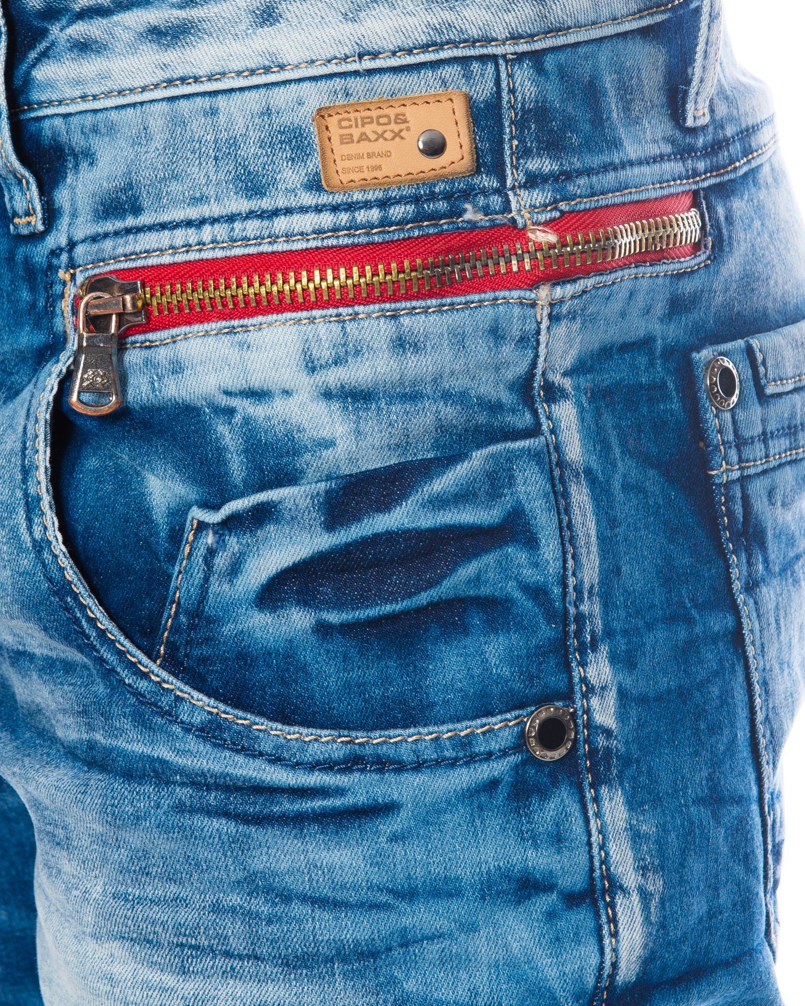 Cipo & Baxx Slim-fit-Jeans Herren Jeans hose mit modischem Design und Stretch Freizeithose mit farbigem Stoff an den Münztaschen – Bild 5 von 5