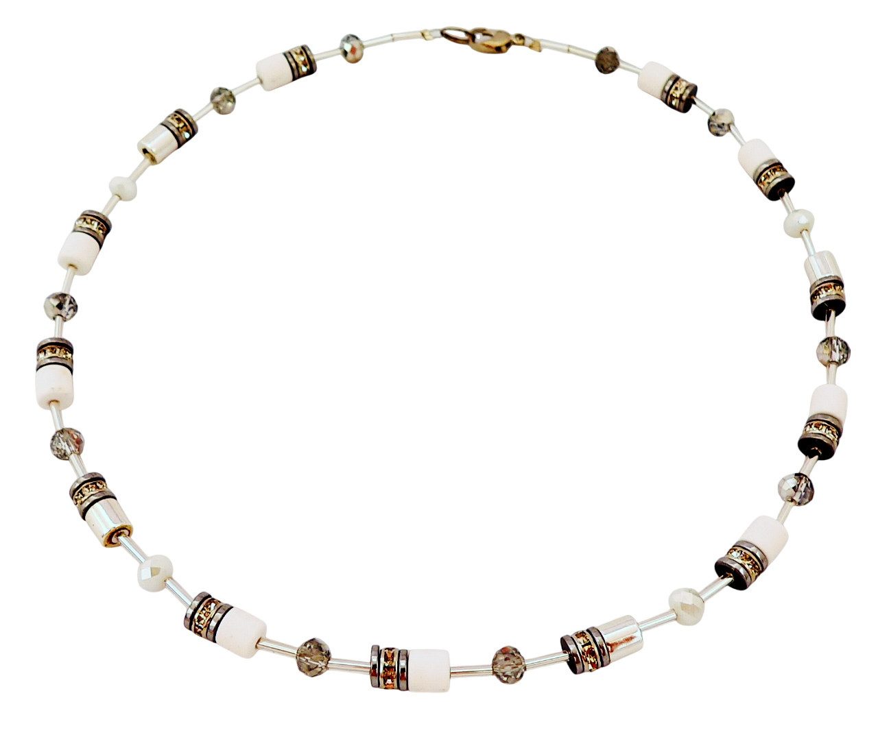 traumschmuck Kette ohne Anhänger 604 Halskette Walzen weiß Hämatit silberfarben Kristallglas Strass (inkl Schmuckbox), handgefertigt, Made in Germany