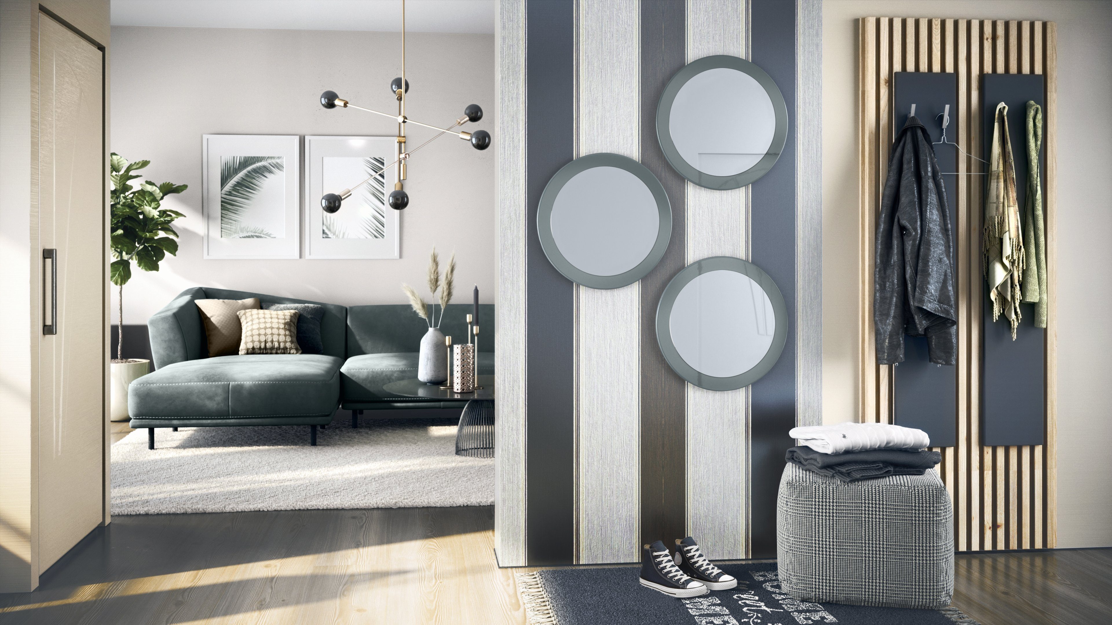 Vladon Wandspiegel Durchmesser) (50 Wohnzimmer (3 dekorative und MDF-Rahmen), Spiegel, für Grau Globe in runde cm Hochglanz mit Flur