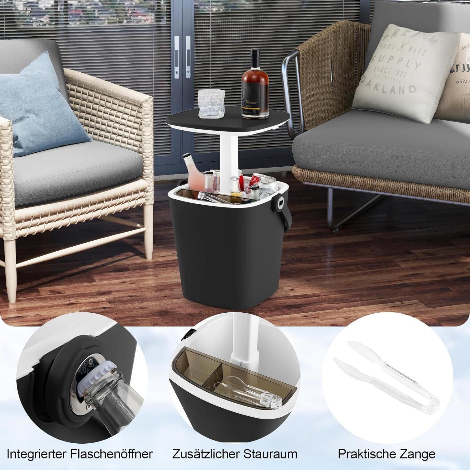 KOMFOTTEU Gartentisch 3 in 1 Cocktailtisch, 15 L Getränkekühler mit Deckel höhenverstellbar