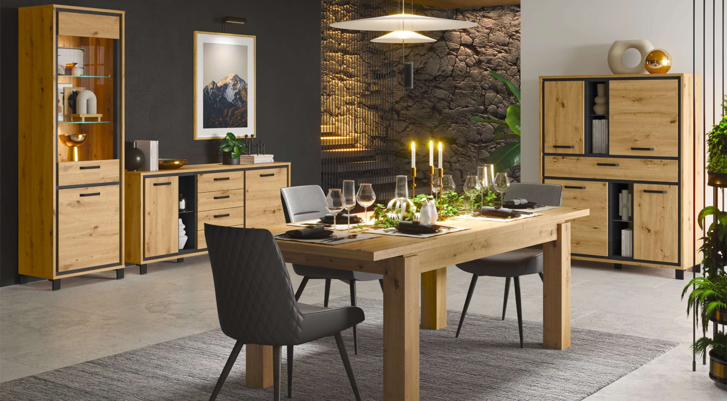 99rooms Esszimmer-Set Teo, (Esszimmer-Set (4×St), Komplett-Set), bestehend aus Vitrine, Kommode, Highboard, Tisch