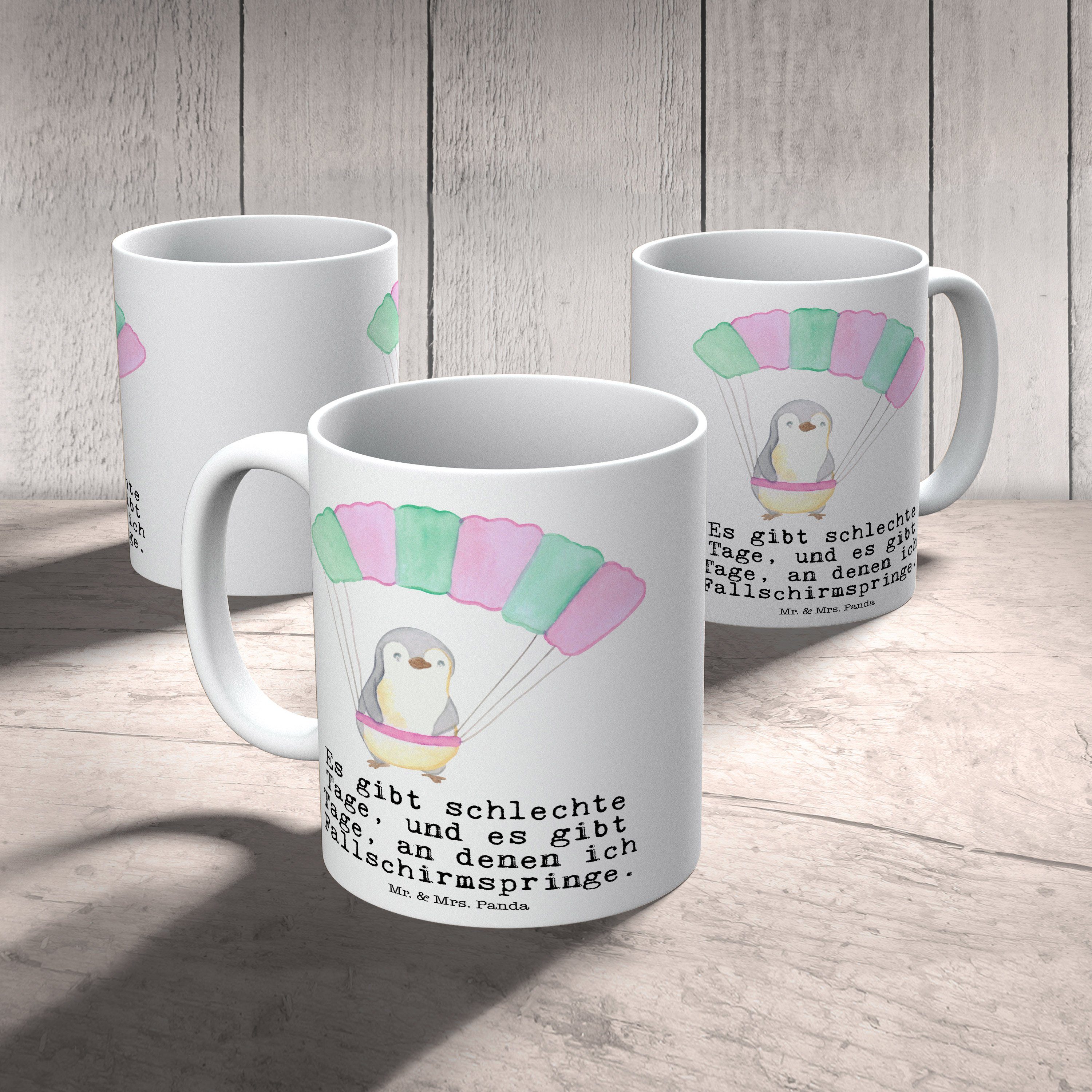 Tasse Pinguin - Keramik Geschenk, Kaffeebecher, Mrs. - Tage Mr. springen Panda Fallschirm Weiß & Spo,