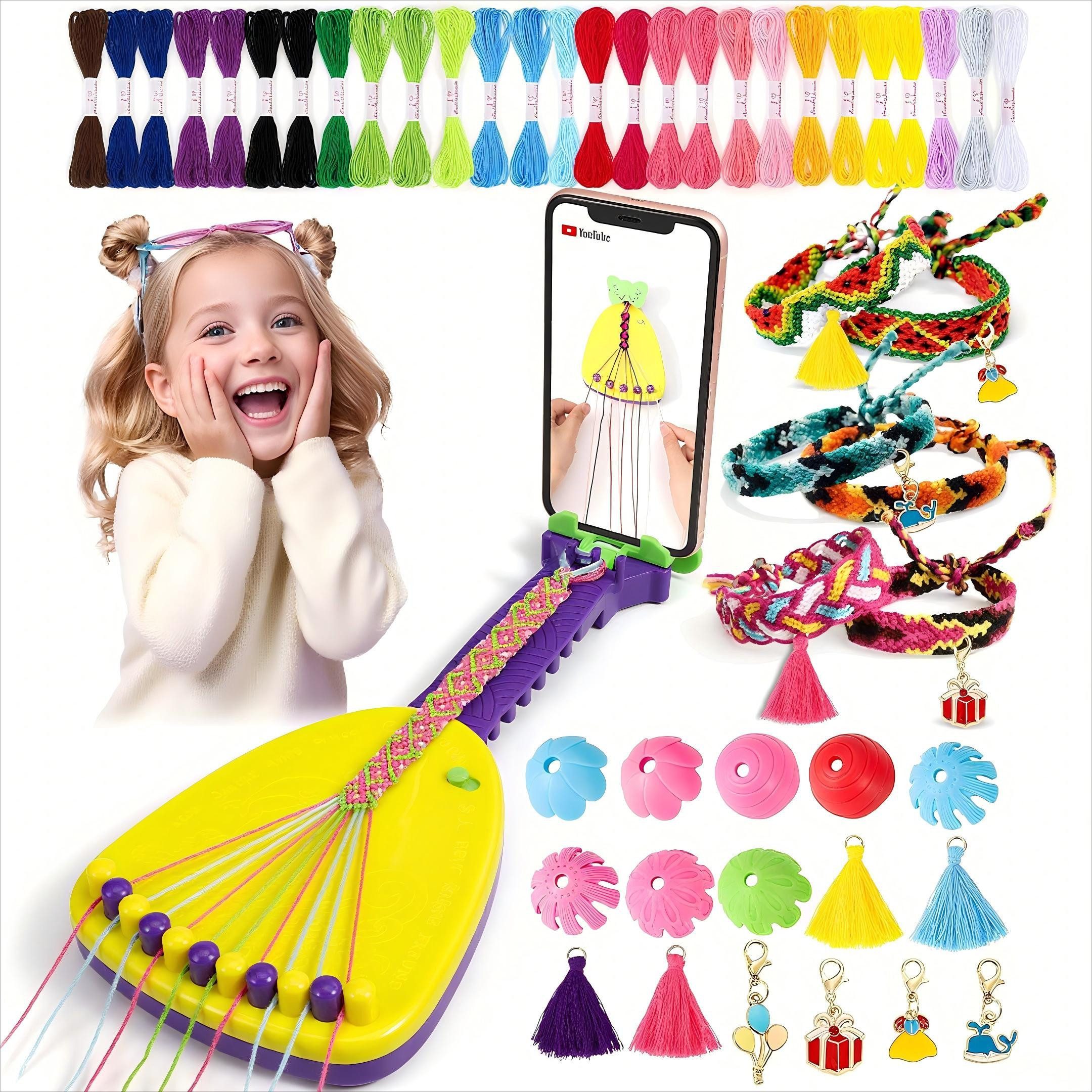 Ophy Freundschaftsarmband Kreativ-Set für Freundschaftsbänder – Flechtset (inkl. Handyhalter, 35 Garnrollen & 16 Deko-Teile), Geburtstagsgeschenk für 6–12 Jahre