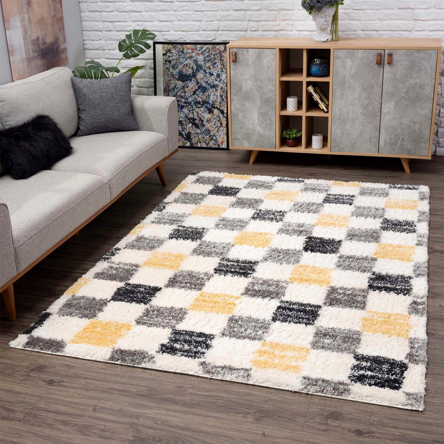 Carpet City Hochflor-Teppich Pulpy 554, rechteckig, Höhe: 30 mm, Läufer, weich, Karo-Optik, Wohnzimmer, Schlafzimmer, Kinderzimmer