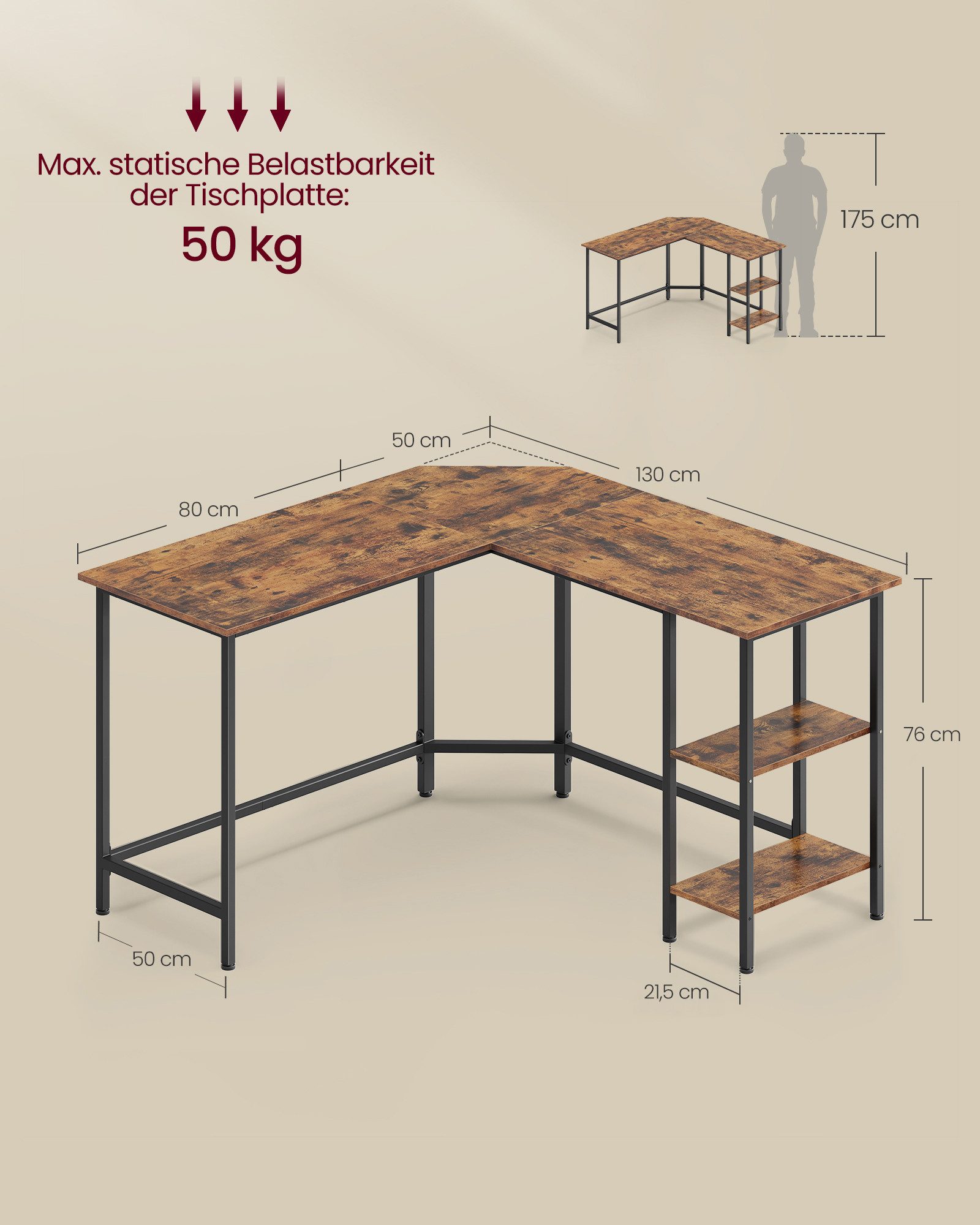 VASAGLE Schreibtisch L-förmiger Computertisch, Eckschreibtisch, Gaming, Homeoffice, 130 x 130 x 76 cm, mit 2 Ablagen, platzsparender, einfacher Aufbau