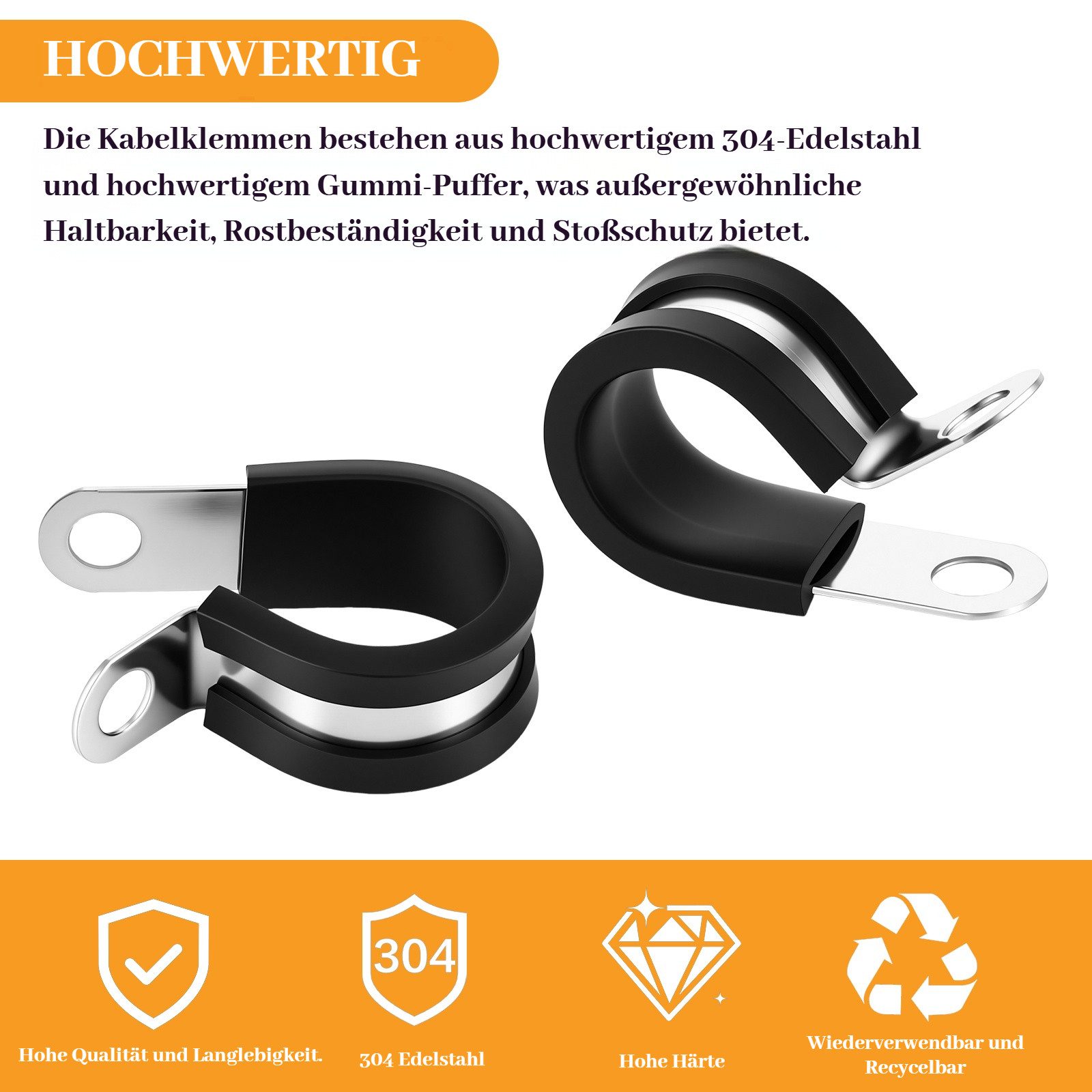 BlingBin Rohrschelle 52 Stück Gummi-P-Clip Schlauchschellen aus Edelstahl mit Gummipolster, (52er Set, 52-St., 6mm 8mm 10mm 13mm 16mm 19mm), gelenkige Schlauch- – Bild 3 von 5