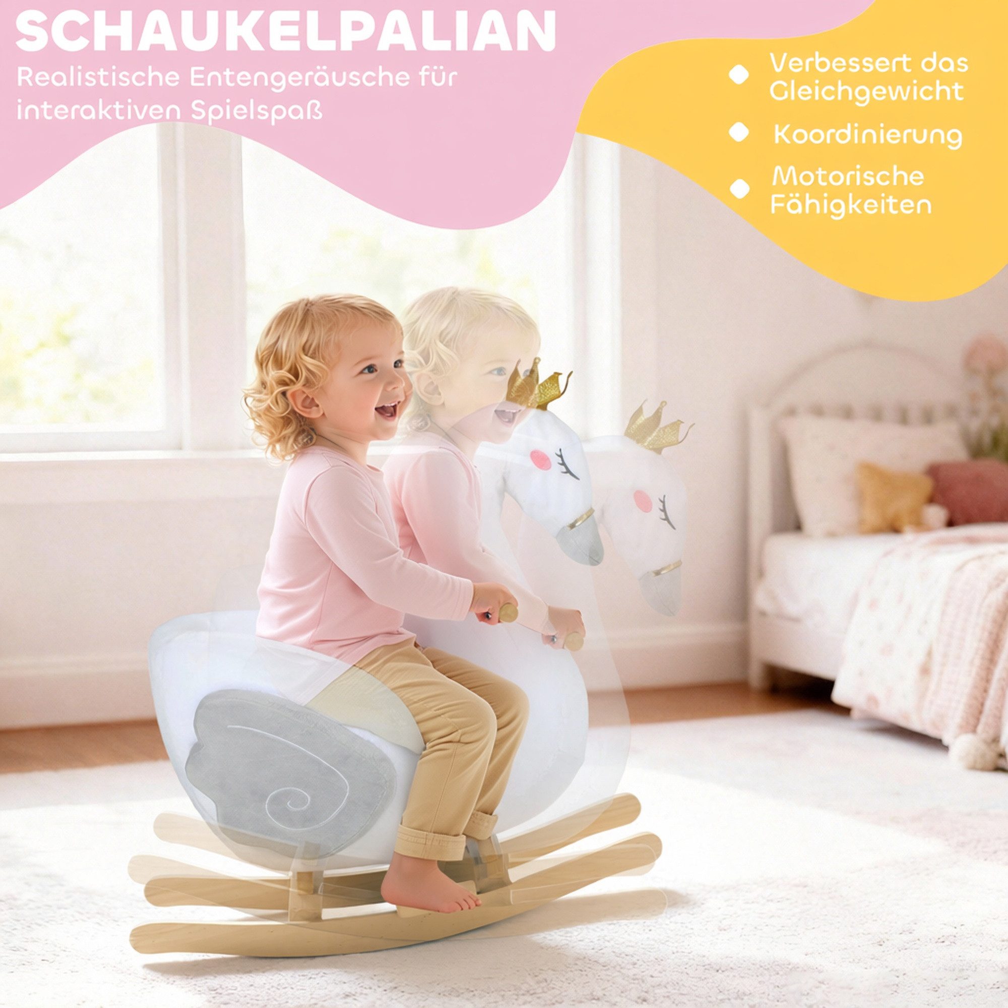 AIYAPLAY Schaukeltier Schwan-Schaukel mit Schlaflied, weicher Füllung, Holzrahmen, (1 tlg), für Kinder 1,5-3 Jahre, max. 25 kg, Weiß – Bild 5 von 5