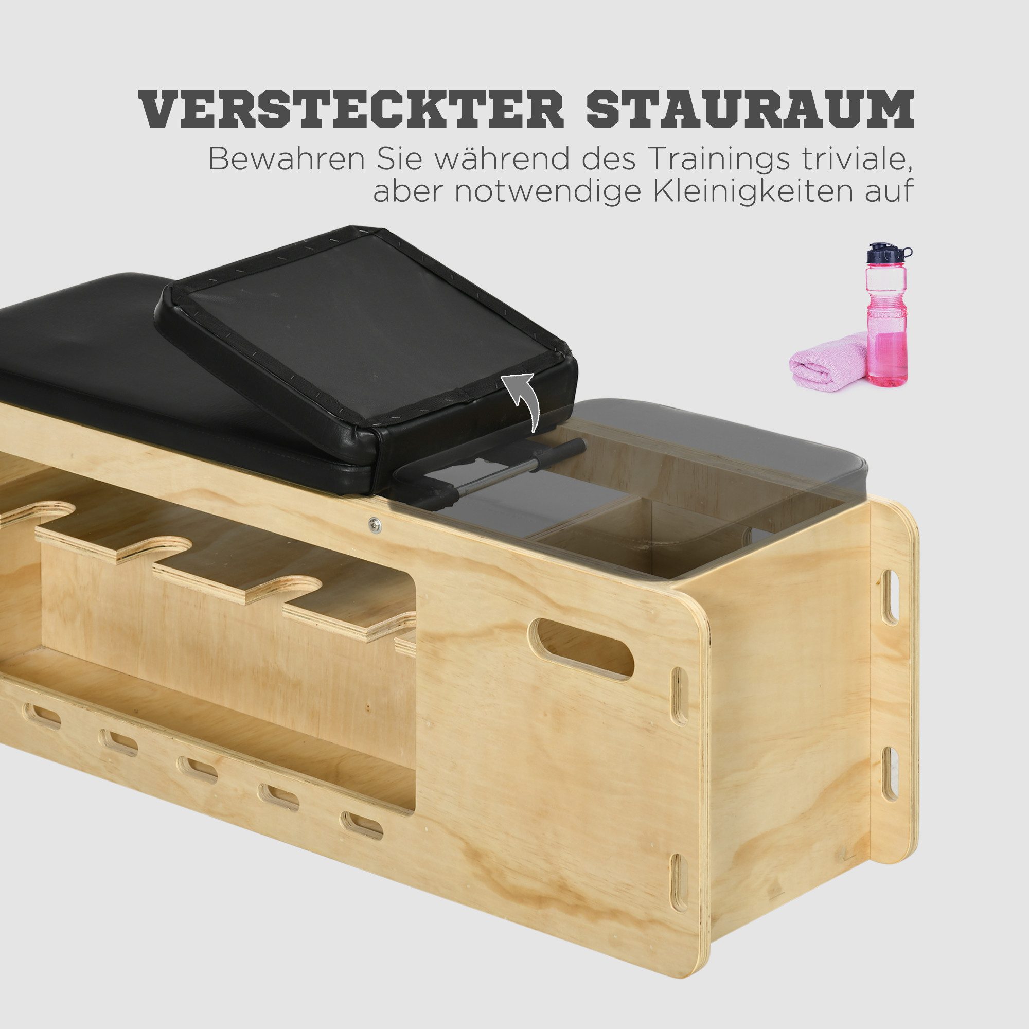 HOMCOM Hantelbank mit Aufbewahrungsbox und Widerstandsbändern, (Trainingsbank, 1-tlg., Verstellbare Fitnessbank), für Gewichtheben, Krafttraining, Massivholz