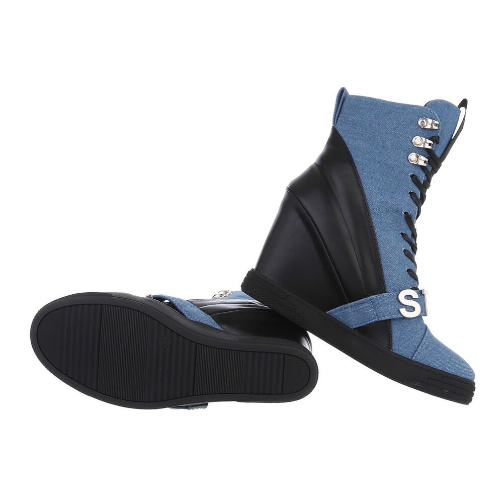 Ital-Design Damen Freizeit Schnürstiefelette Keilabsatz/Wedge High-Heel Stiefeletten in Blau
