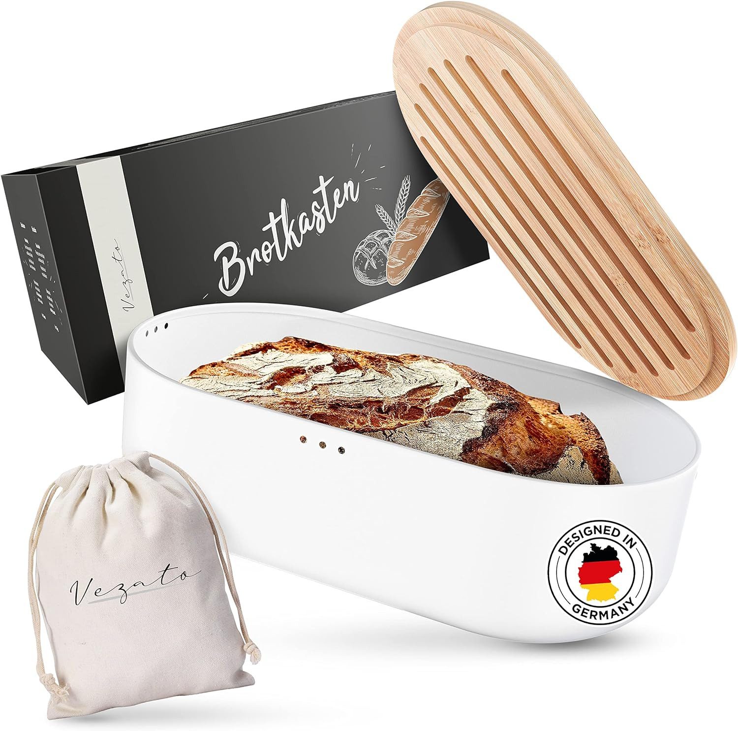 Vezato Brotkasten Brotbox – Nachhaltiger Brotkasten für lange Frische, Bambus, Metall, (Set, mit Tragetasche), 3 Luftlöcher für 360° Luftzirkulation