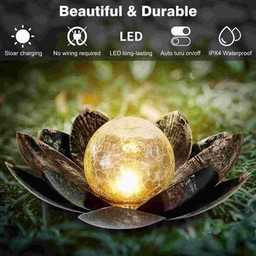 MDHAND Gartenleuchte Solarlampe mit gesprungener Glaskugel, LED warmweißes Licht, Outdoor Lotus Silber