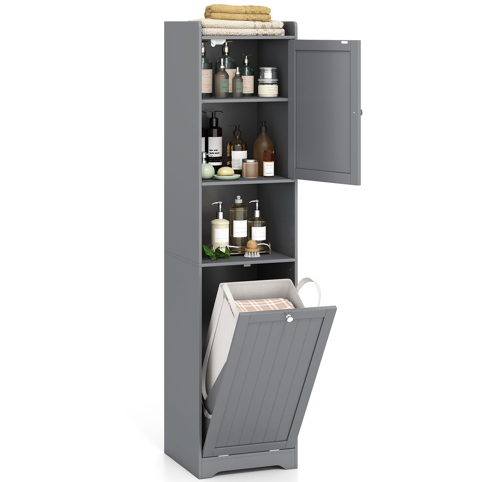 COSTWAY Badkommode, Hochschrank mit Wäschekorb, Stauraum, 170cm