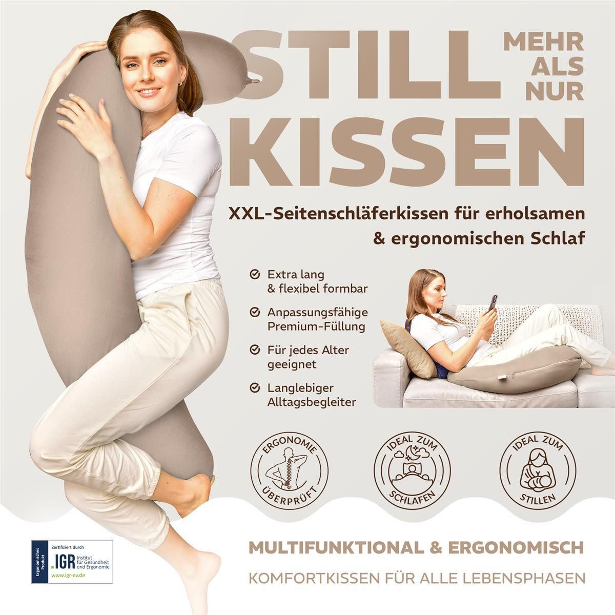 SEI Design Stillkissen Seitenschläferkissen XXL 190x35 Schwangerschaftskissen Lagerungskissen, Schwangerschaftskissen mit Bezug, 1-tlg., Seitenschläferkissen, Premium-Jersey-Bezug