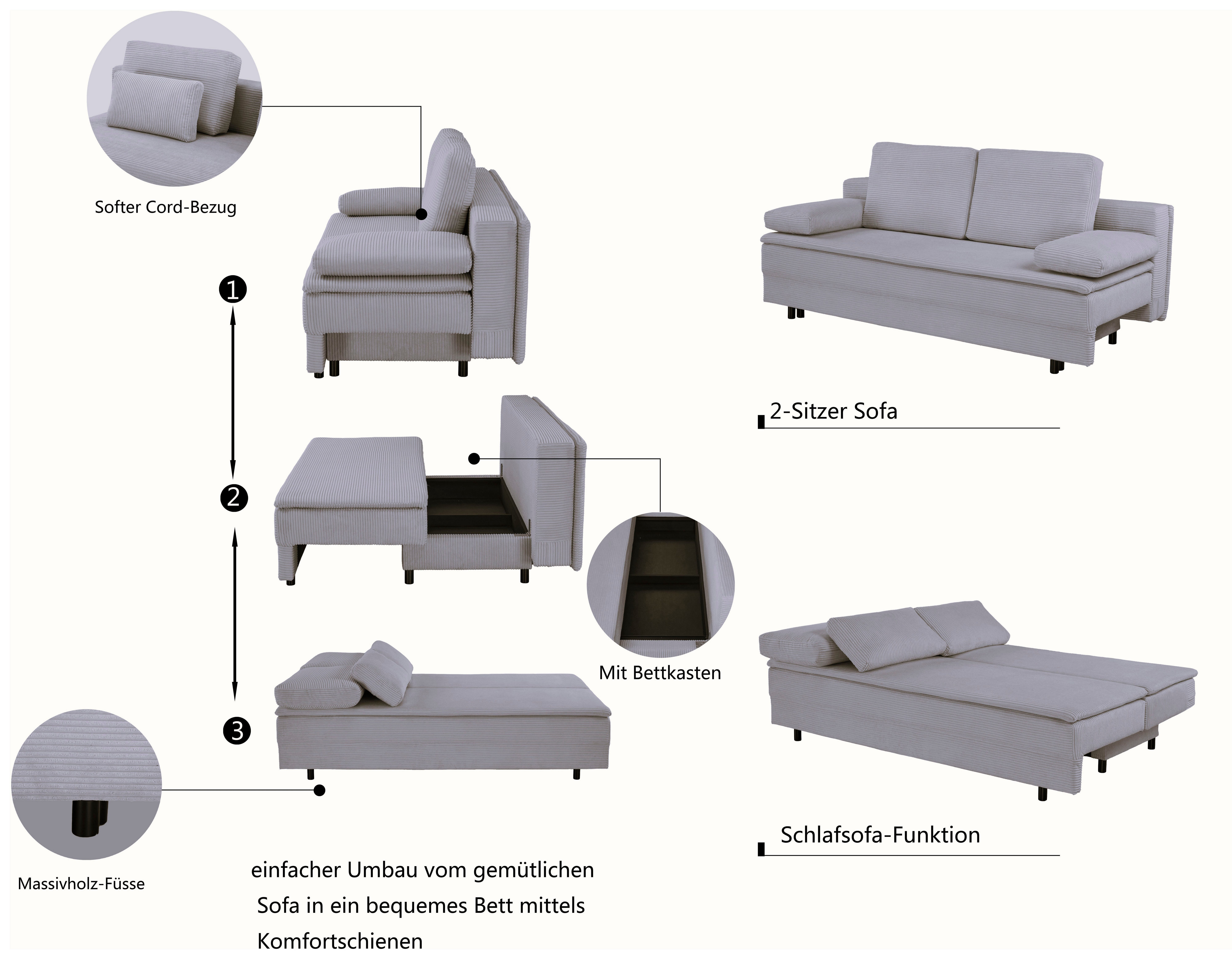 OTTO home Schlafsofa JANNIKO Feinstruktur, Breite: 193 cm, Liegefläche 124x193 cm, mit Bettfunktion & Bettkasten, Matten-Polsterung – Bild 3 von 5