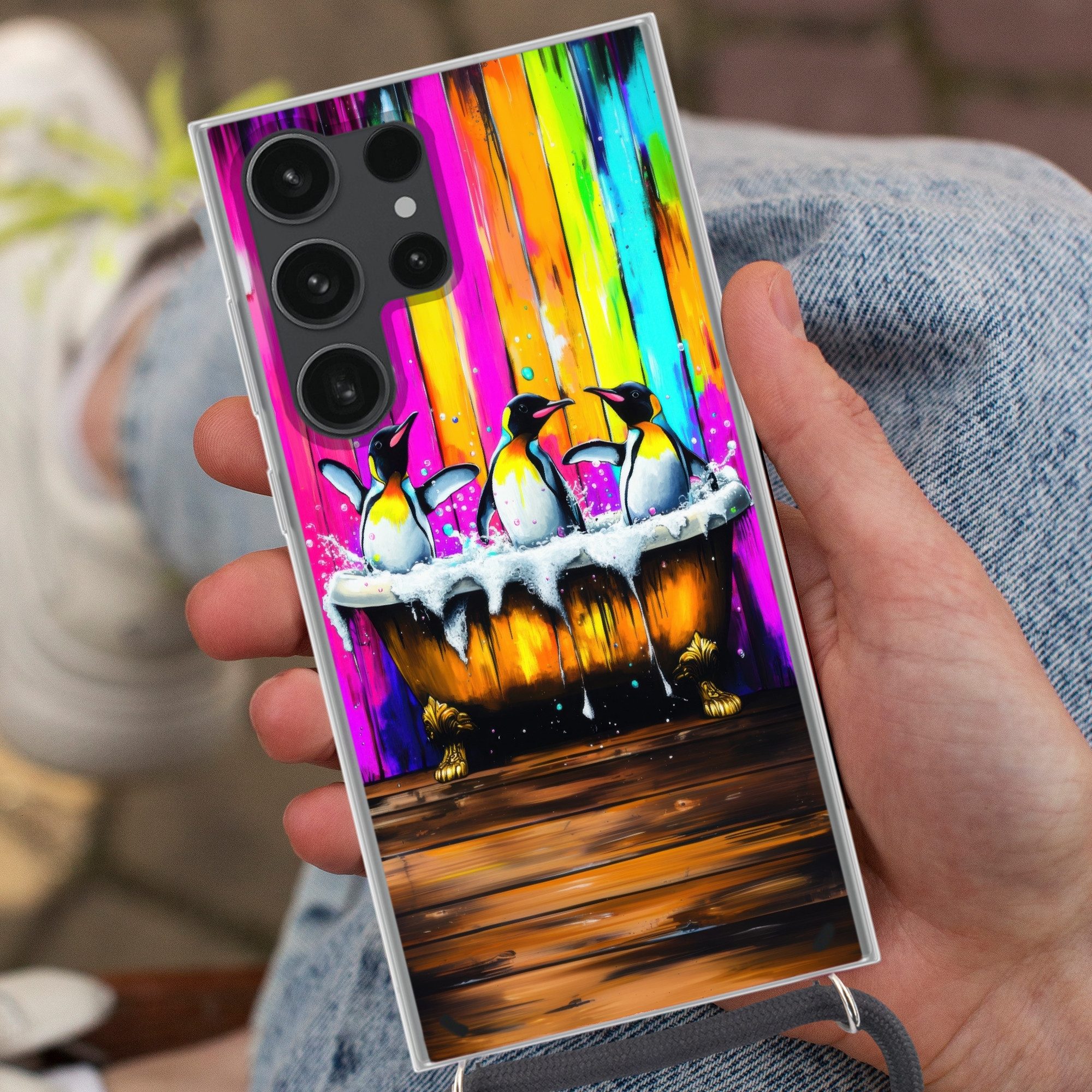 MuchoWow Handyhülle für Samsung Galaxy S23 Ultra Pinguine - Badewanne - Bunt - Schaumstoff, Tragbare Handyhüllen mit Kette zum umhängen, Handykette Handyband