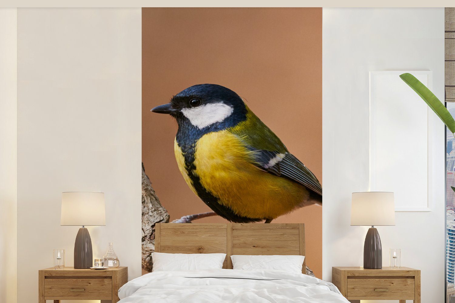 (2 Schlafzimmer Fototapete Wohnzimmer bedruckt, Vliestapete Matt, - - Küche, MuchoWow Fototapete Zweige, St), Vogel für Kohlmeise