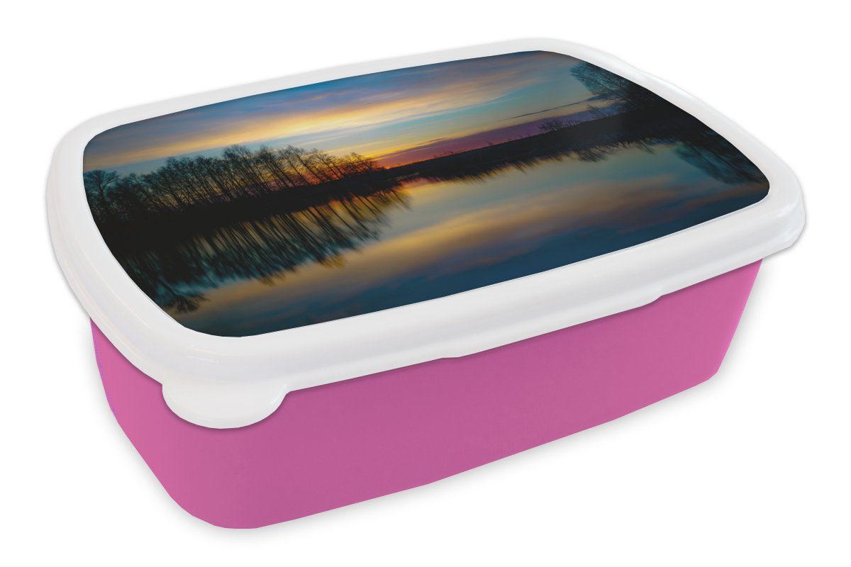 MuchoWow Lunchbox Wasser - See - Bäume - Sonnenuntergang - Natur, Kunststoff, (2-tlg), Brotbox für Erwachsene, Brotdose Kinder, Snackbox, Mädchen, Kunststoff rosa