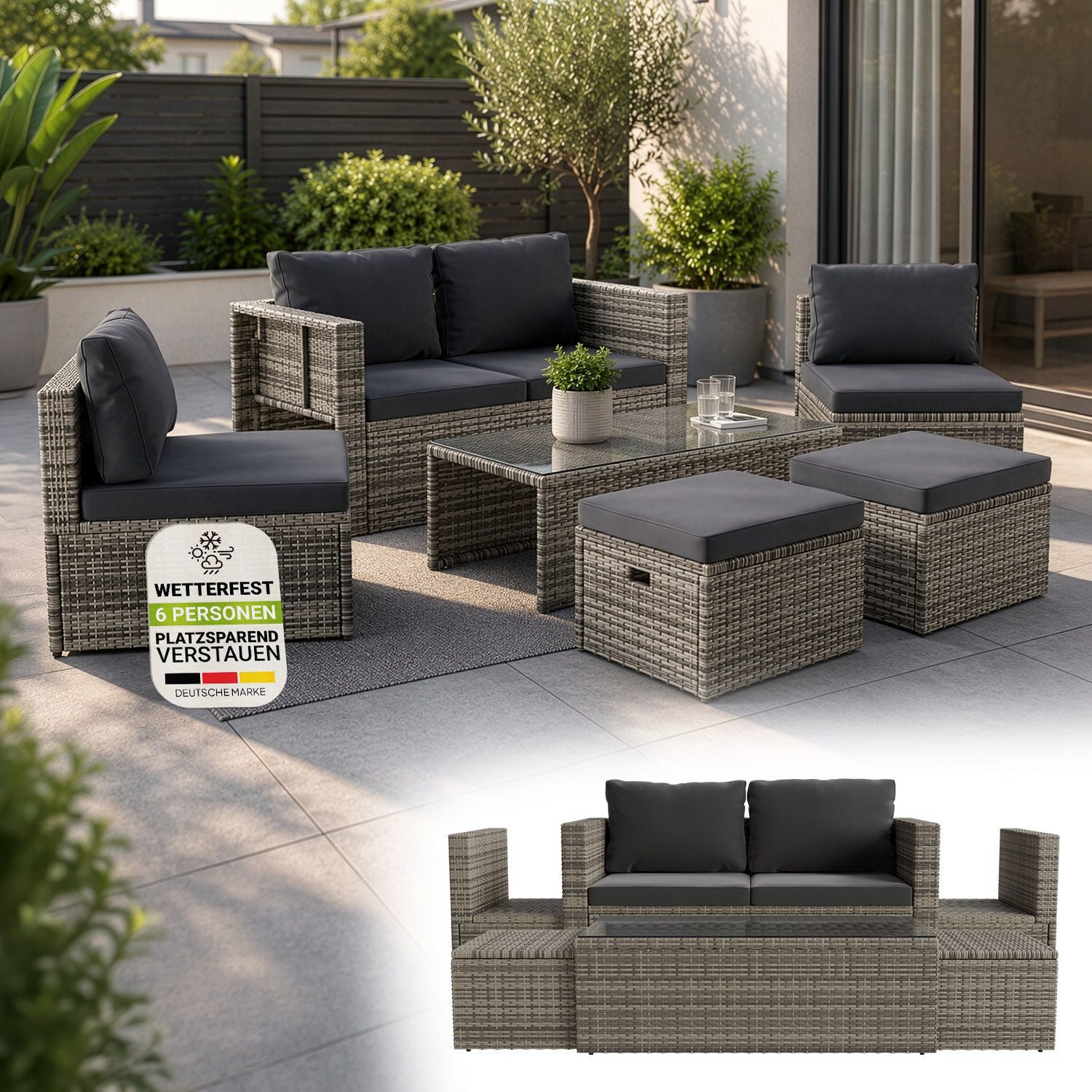 Juskys Gartenlounge-Set Salou, (6-tlg), für 6 Personen, Polyrattan, Glasplatte, wetterfest, mit Kissen