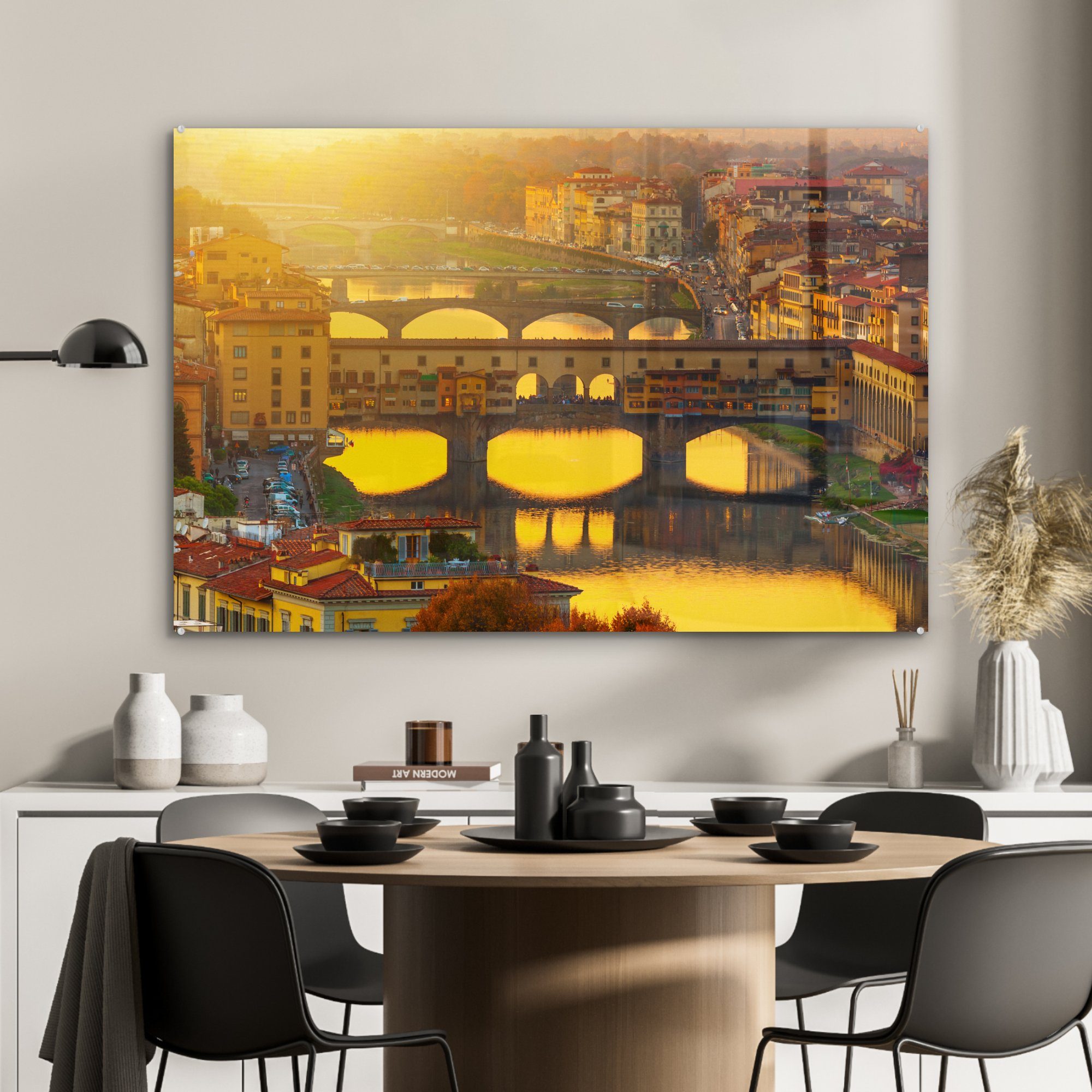 der durch & Acrylglasbilder die Wohnzimmer St), (1 Beleuchtung Schlafzimmer Italien, Acrylglasbild MuchoWow Vecchio tiefstehende Sonne Ponte in