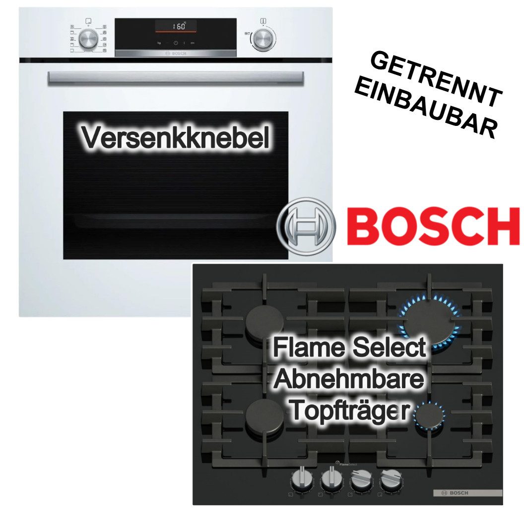BOSCH Backofen-Set Backofen 3D-Heißluft AirFry weiß + Gaskochfeld Flame Select, EcoClean Direct