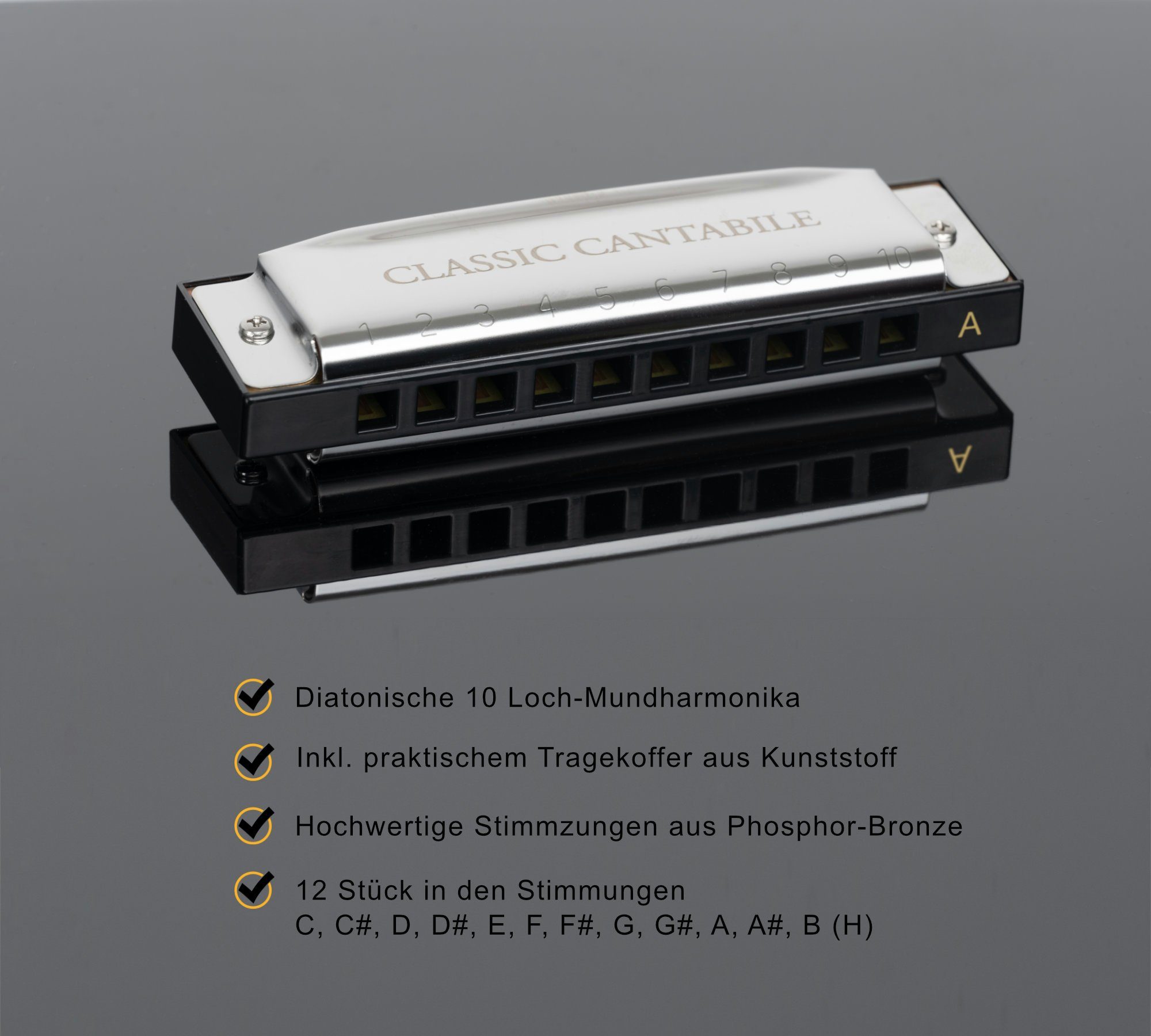 Classic Cantabile Mundharmonika in verschiedenen Stimmungen, 12-St., inkl. Etui & Pflegetuch, Blues Harmonica - 10 Messing Stimmzungen - Edelstahl-Gehäuse