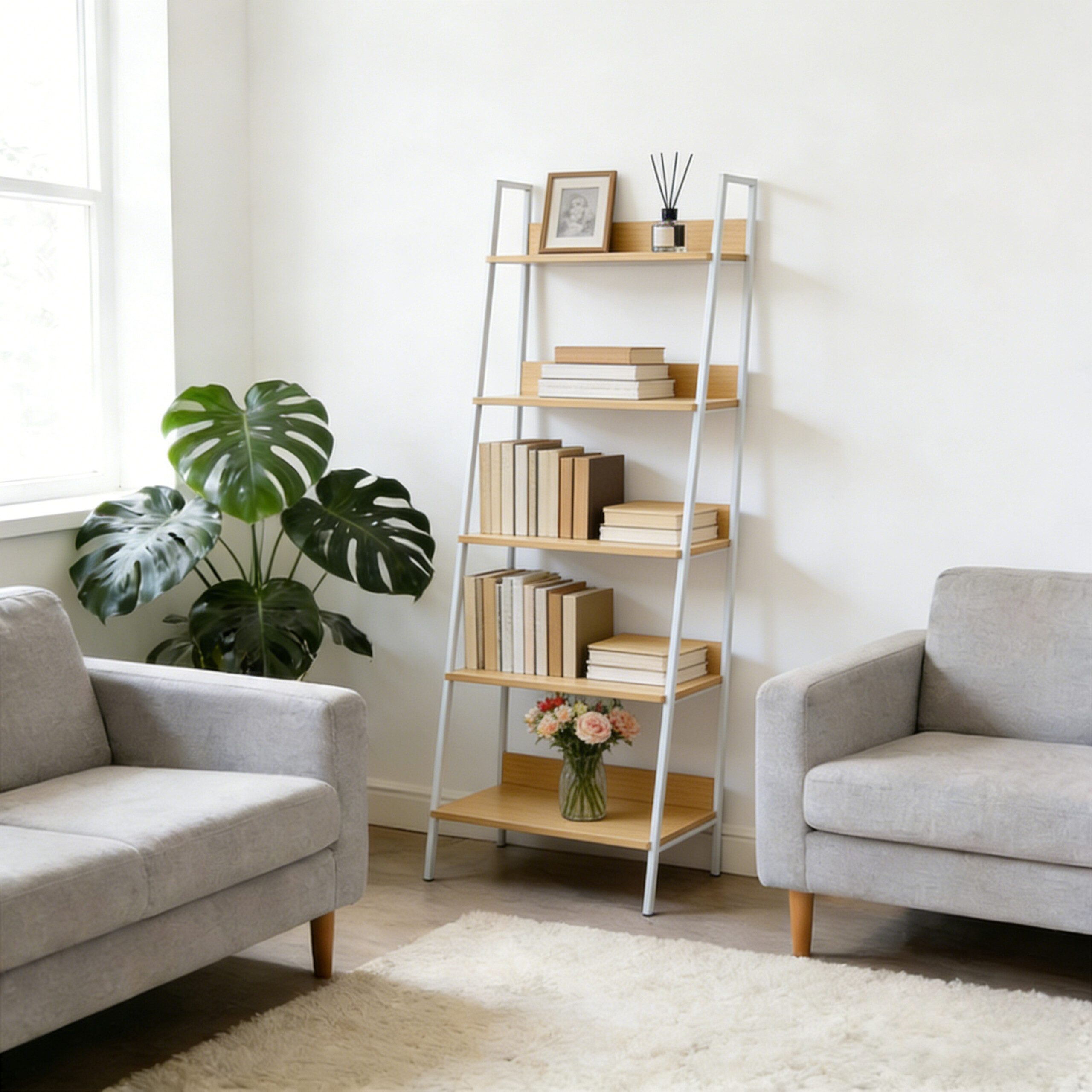 relaxdays Leiterregal Standregal mit 5 Ablagen, Holzoptik-Weiß