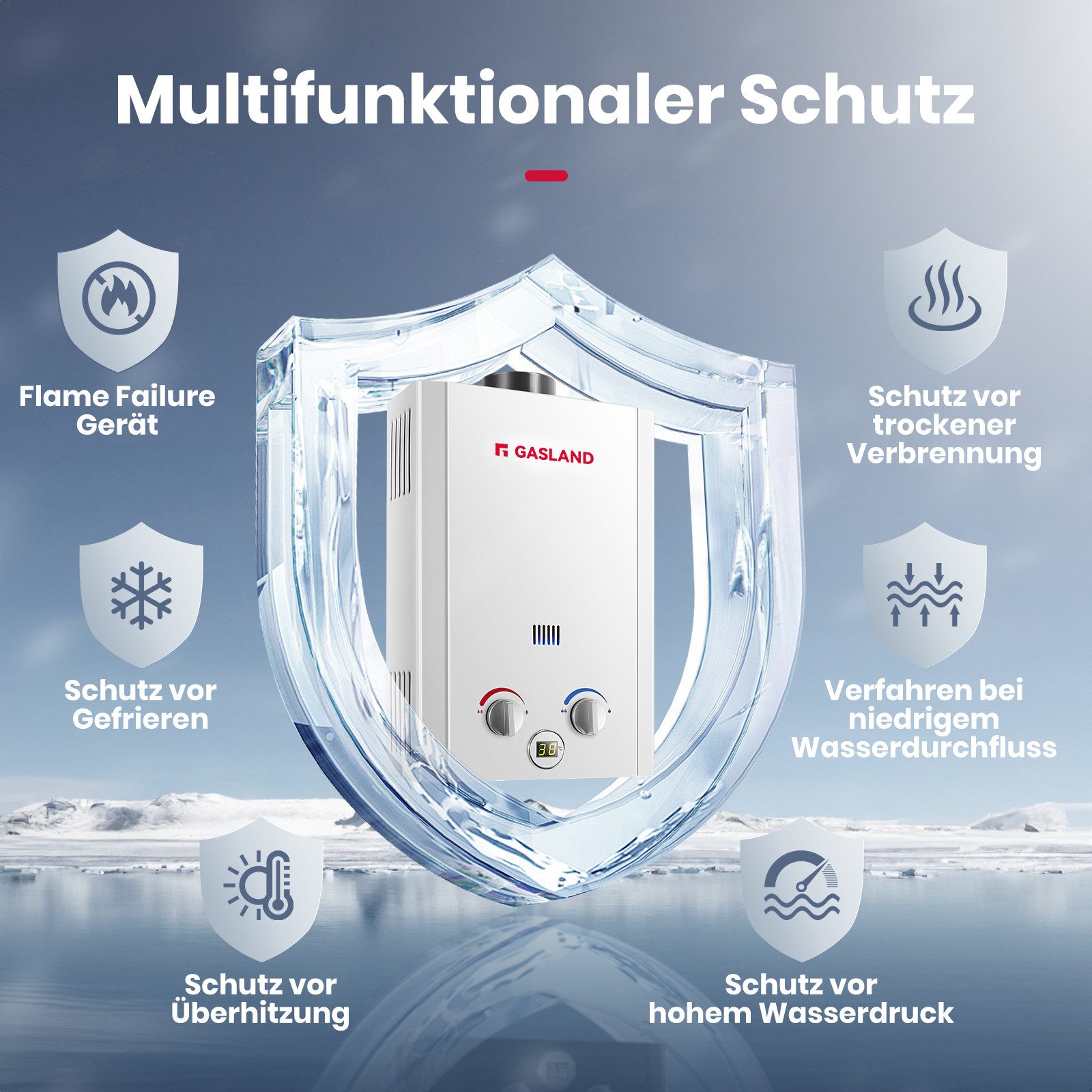 GASLAND Durchlauferhitzer BE264, 50 mbar, 10L Propan Durchlauferhitzer, Gastherme für Campingdusche, Wohnmobil