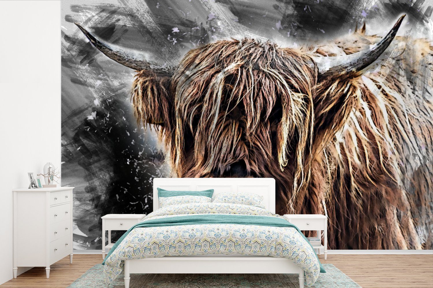 MuchoWow Fototapete Schottischer Highlander - Farbe - Kuh, Matt, bedruckt, (6 St), Wallpaper für Wohnzimmer, Schlafzimmer, Kinderzimmer, Vinyl Tapete | Fototapeten