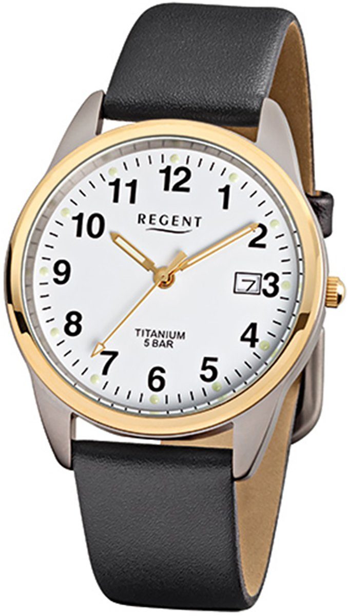 Herren Regent Armbanduhr (ca. Lederarmband mittel Herren-Armbanduhr Quarzuhr Regent Analog, rund, 36mm), schwarz