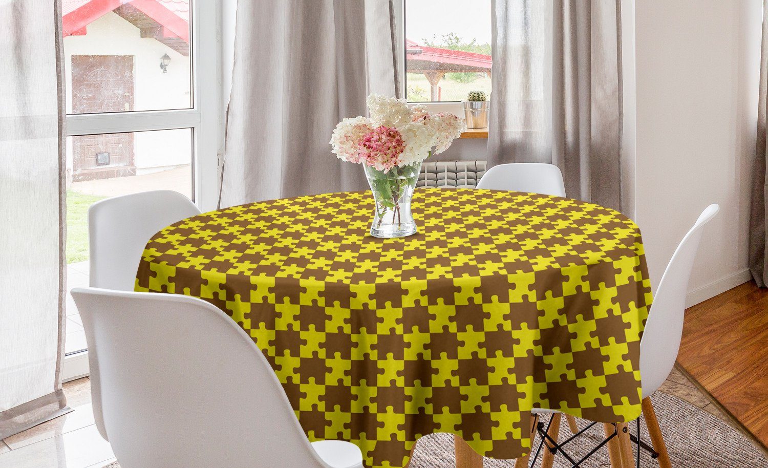 Abakuhaus Tischdecke Kreis Tischdecke Abdeckung für Esszimmer Küche Dekoration, Gelb Braun Bicolor Puzzle Pieces